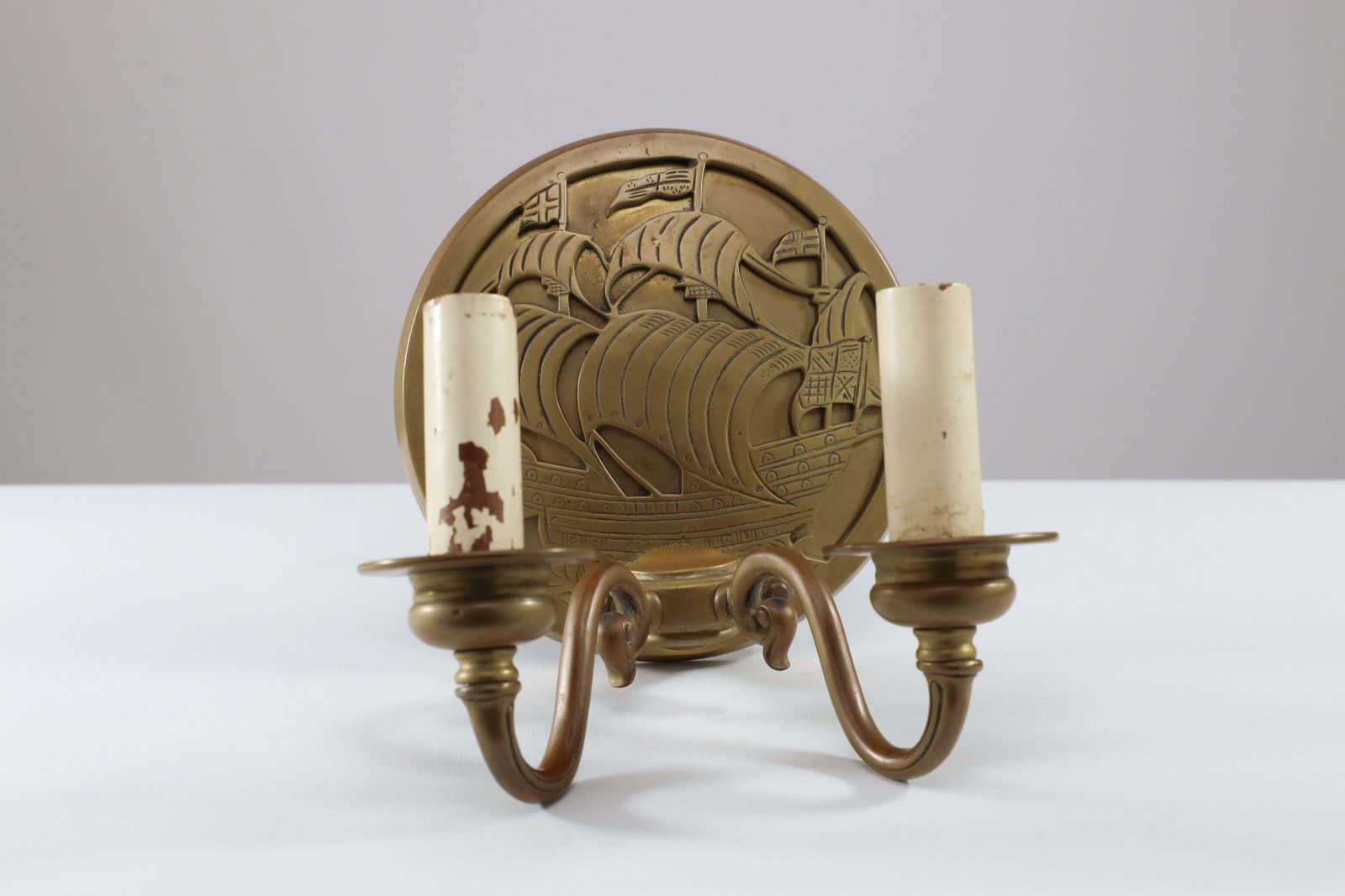 A Pair Of Arts And Crafts Brass Wall Lights With Galleons In Sail. photo for sale