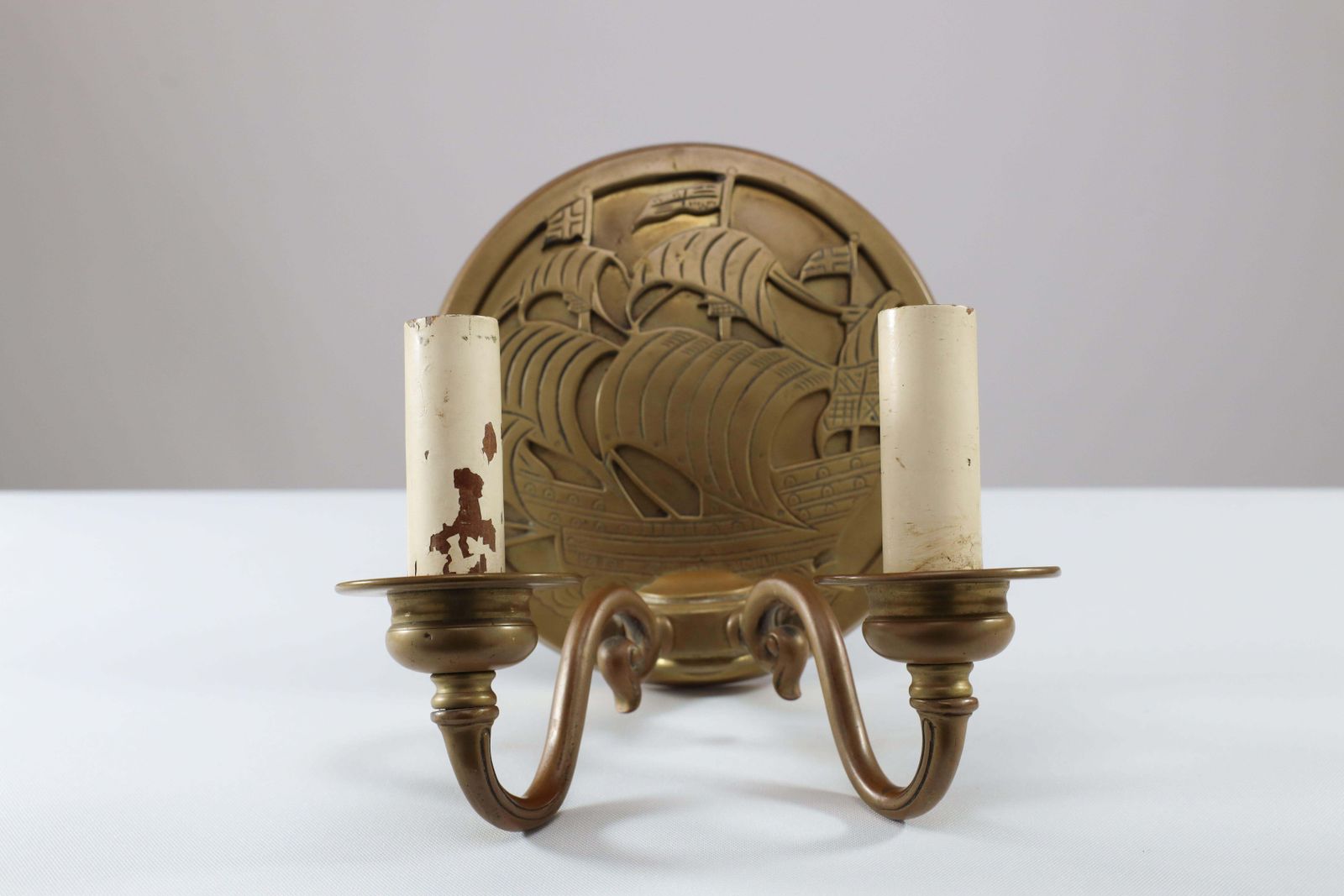 photo furniture A Pair Of Arts And Crafts Brass Wall Lights With Galleons In Sail.