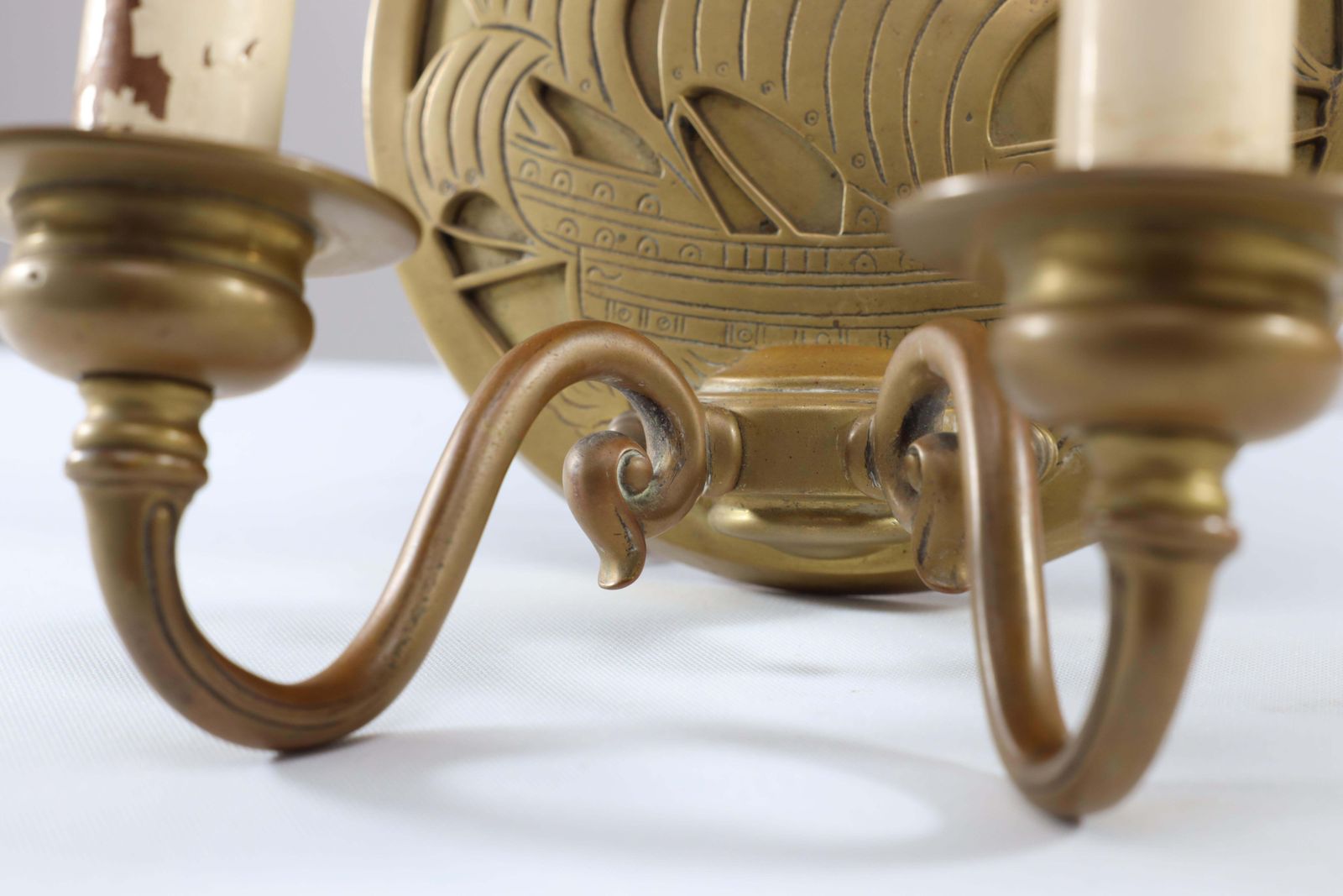 photo buy A Pair Of Arts And Crafts Brass Wall Lights With Galleons In Sail.