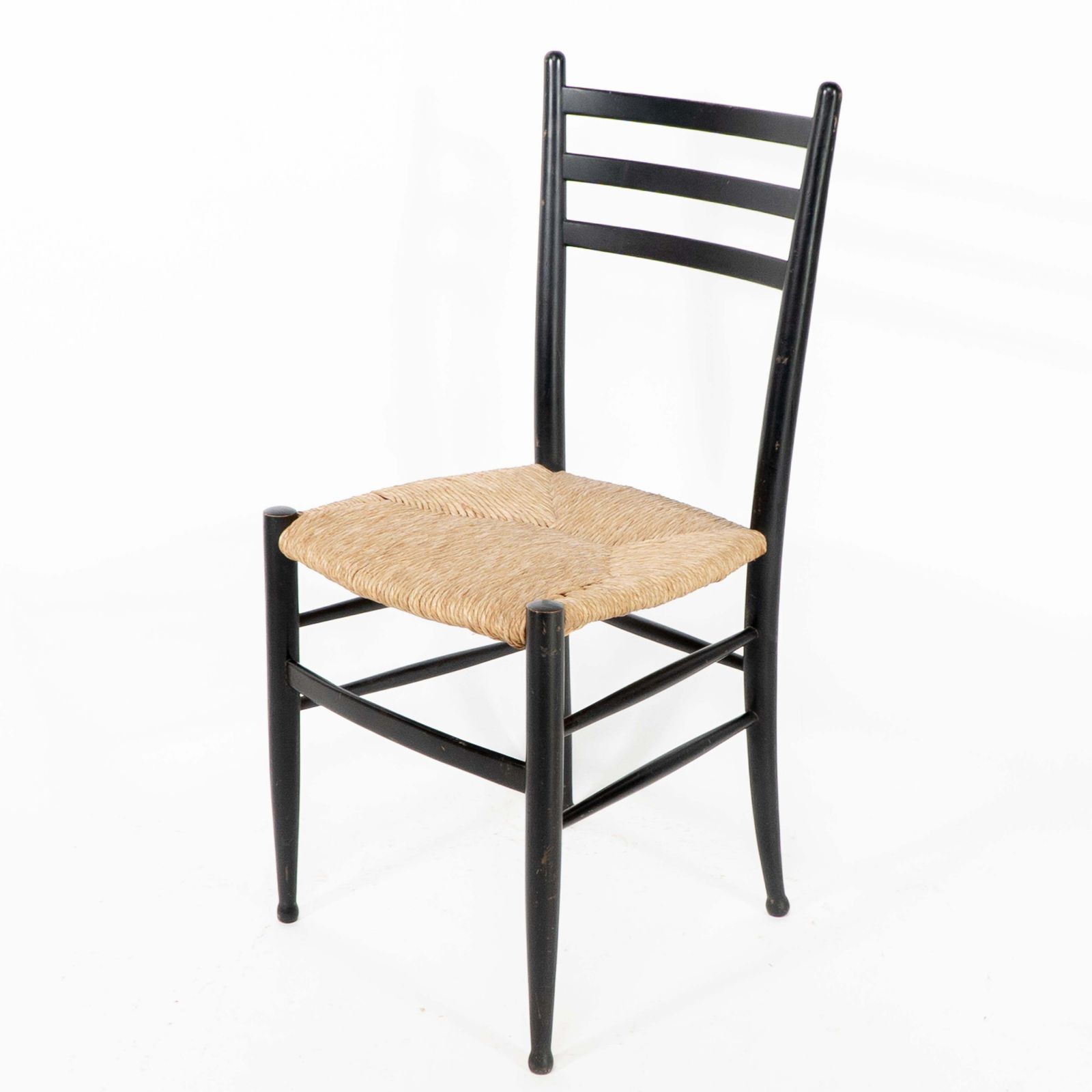 Gio Ponti Style Ebonized Ladder Back Rush Seat Side Or Desk Chair With Ball Feet photo for sale