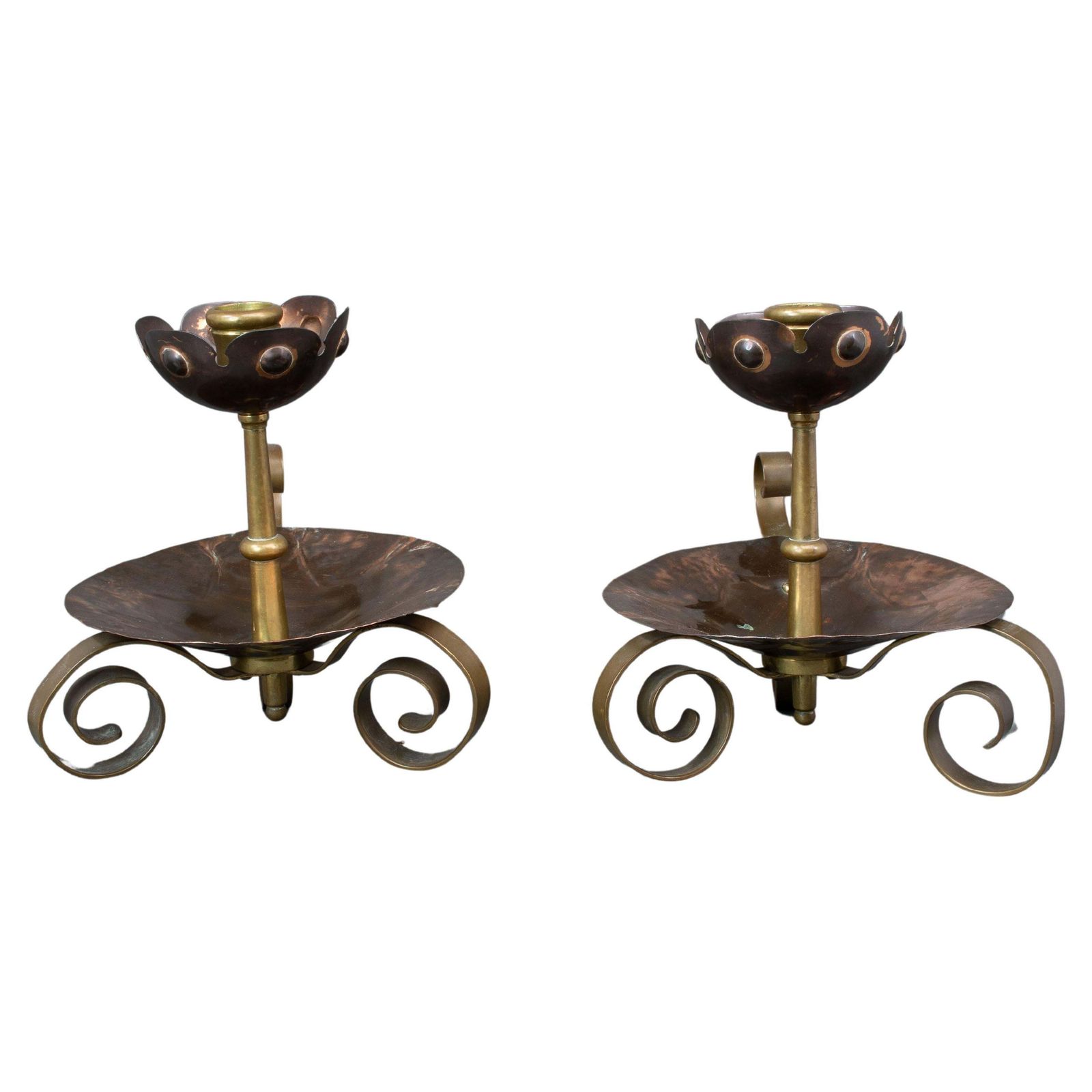 Benham & Froud. Pair Of Arts & Crafts Copper Night Candle Holder W. Flower Head