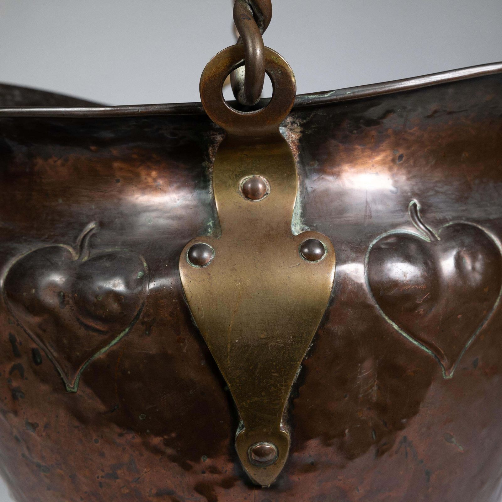photo for sale Arts & Crafts Copper Coal Bucket W. Repousse Leaf Decoration & Rope Twist Handle