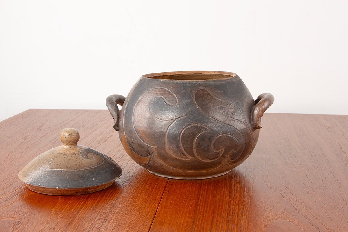 Large Glazed Stoneware Pot With Stylized Decoration By Georges Martin France 1970. photo vintage