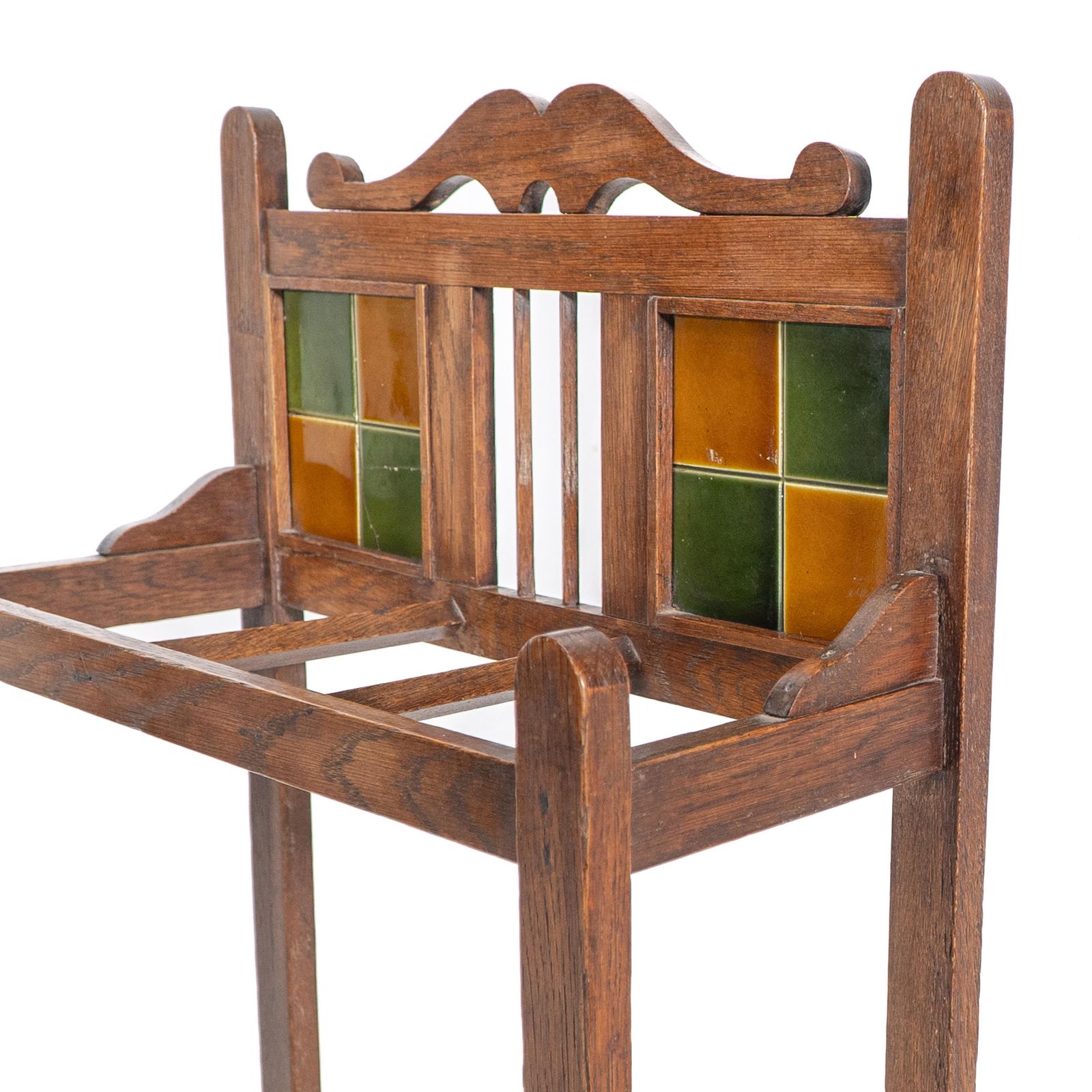 photo for sale An Arts & Crafts Oak Umbrella & Stick Stand With Original Green & Mustard Tiles