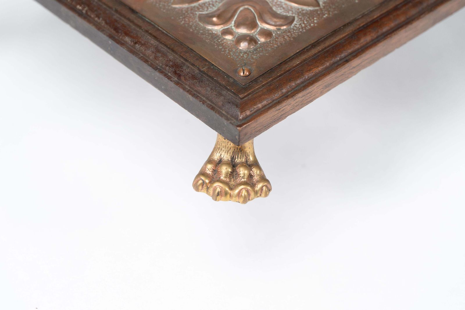 561.0 Benham & Froud Attri. An Arts & Crafts Copper And Oak Teapot Stand Or Trivet photo