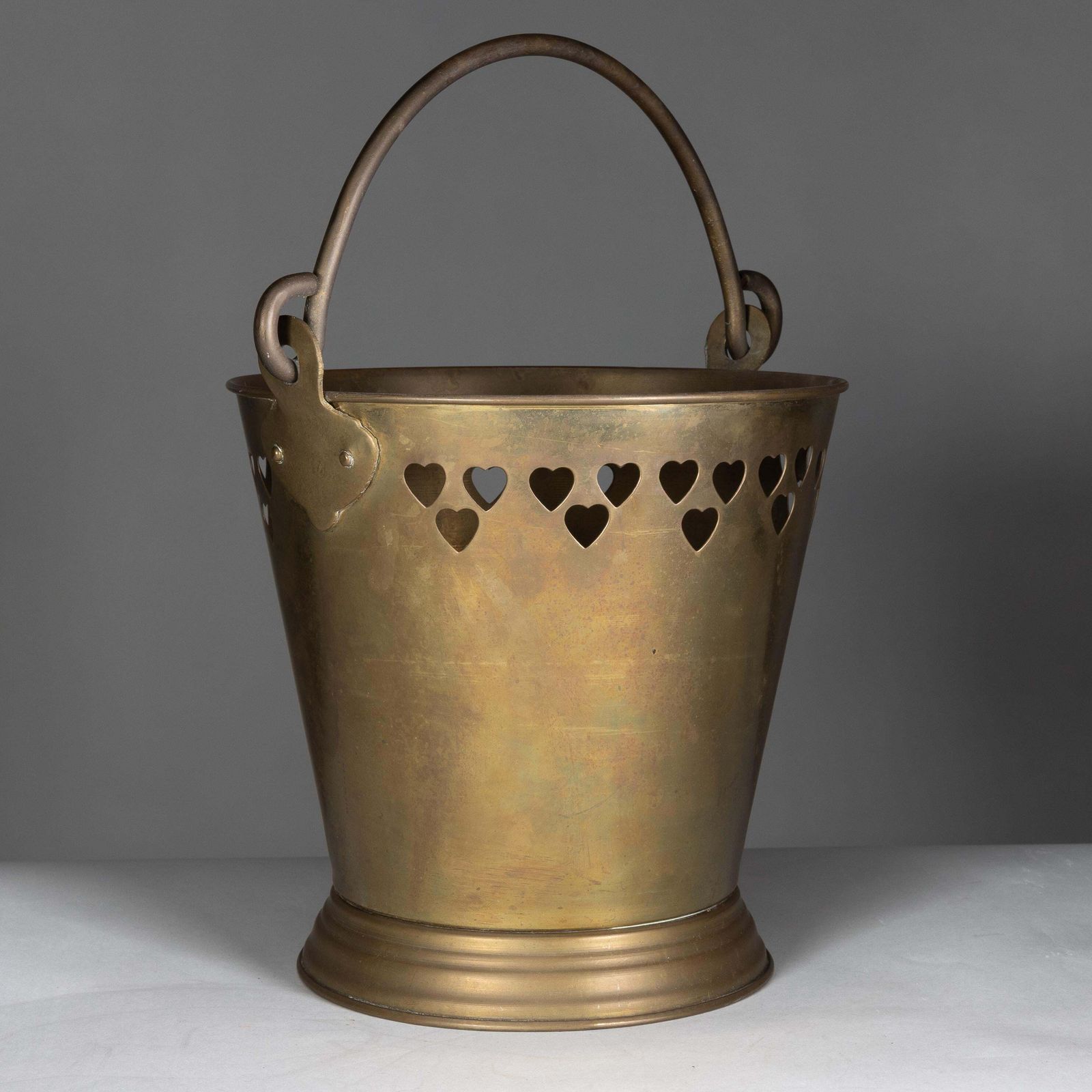 An Arts & Crafts Brass Champagne Bucket With Pierced Voysey Style Heart Decor photo for sale