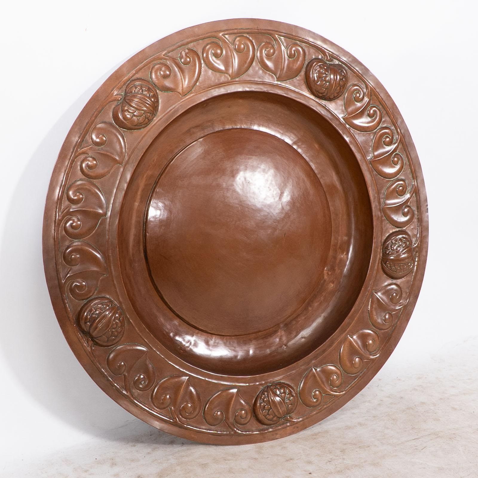 A Large Arts And Crafts Hand Formed Copper Charger With Stylized Decoration photo Art