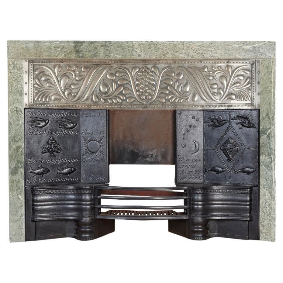 George Jack. Arts & Crafts Cast Iron Plated Copper & Cipollino Marble Fireplace
