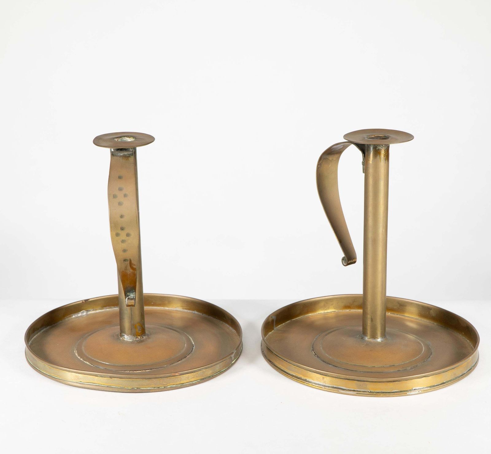 A Pair Of Scottish School Arts & Crafts Brass Candlesticks W Circular Drip Trays photo 2000.0