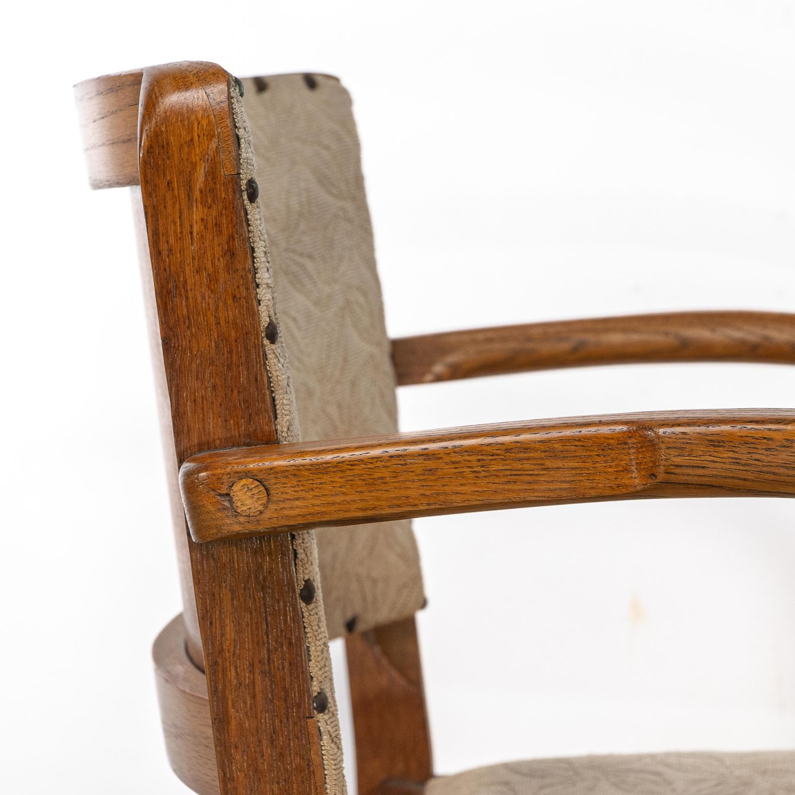 photo furniture Heals. Four Art Deco Oak Armchairs With Shaped Backrests & Rounded Arms