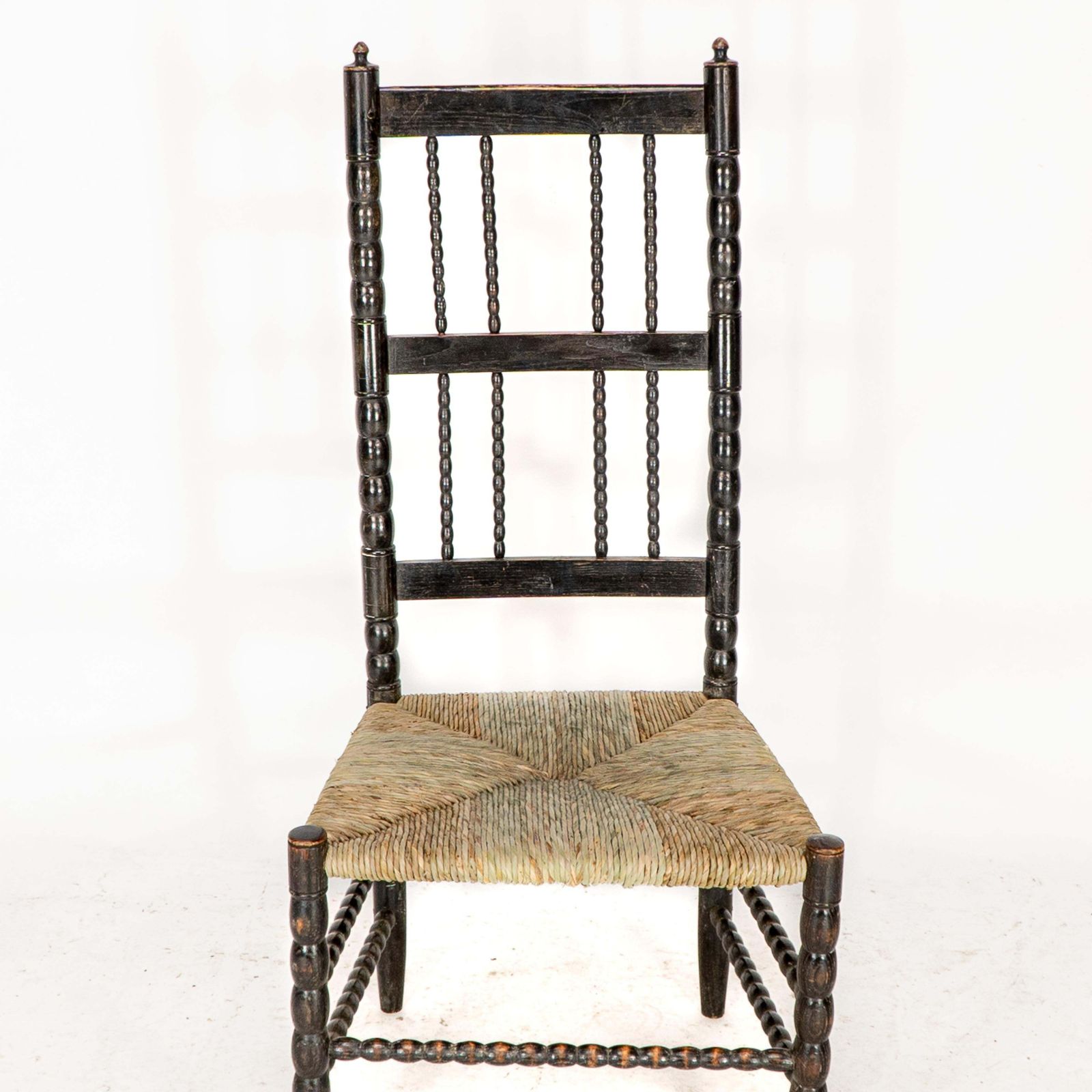 Ernest Gimson. A Rare Cotswold School Ebonised Bobbin Turned Rush Seat Low Chair photo vinterior