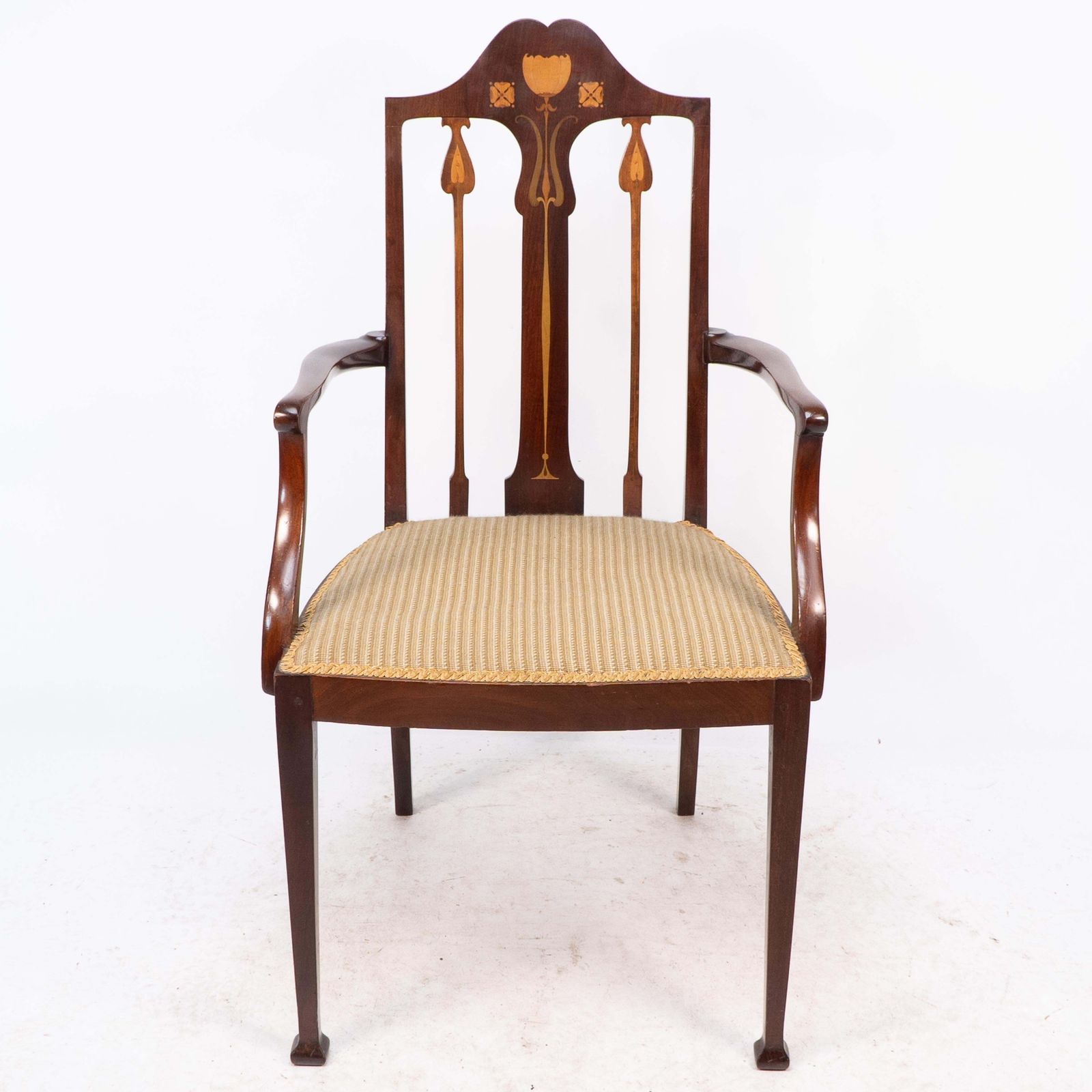 Liberty & Co. Arts & Crafts Mahogany Armchair With Fruitwood Floral Inlaid Decor photo furniture