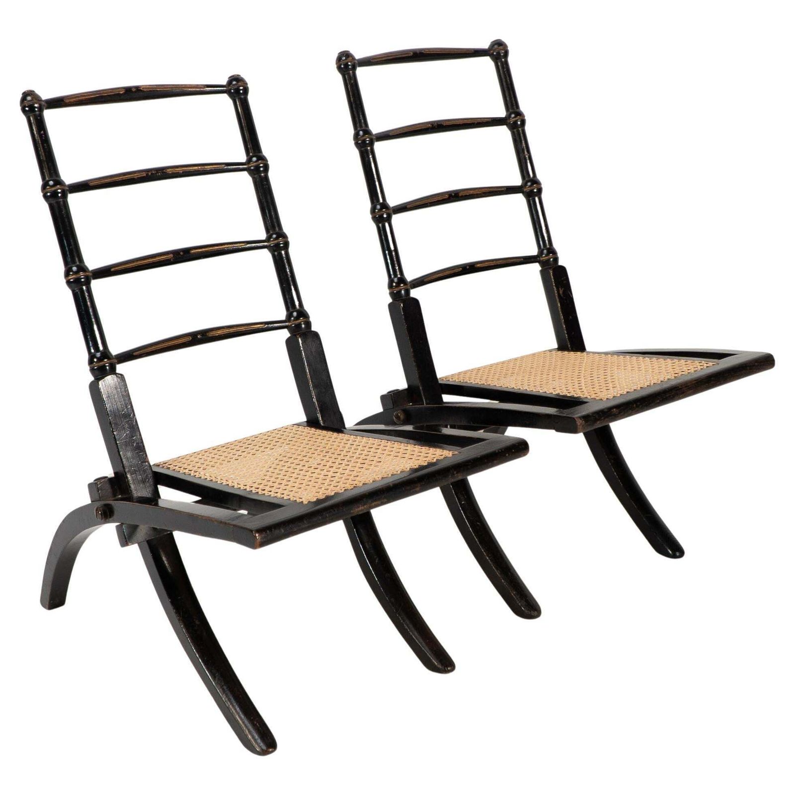 Godwin Style. Pair Of Aesthetic Movement Ebonized Folding Chair W. New Cane Seat