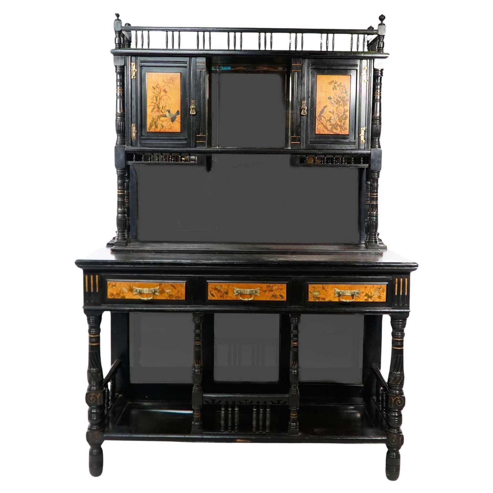 Gillows. A Fine Aesthetic Movement Side Cabinet With Hand Painted Floral Panels photo furniture