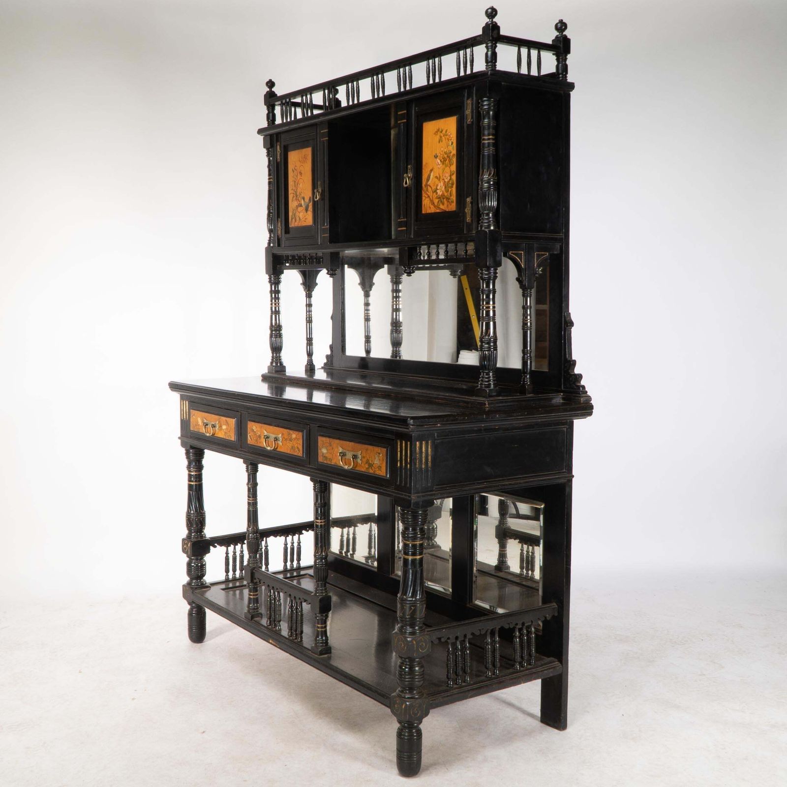 Gillows. A Fine Aesthetic Movement Side Cabinet With Hand Painted Floral Panels photo for sale
