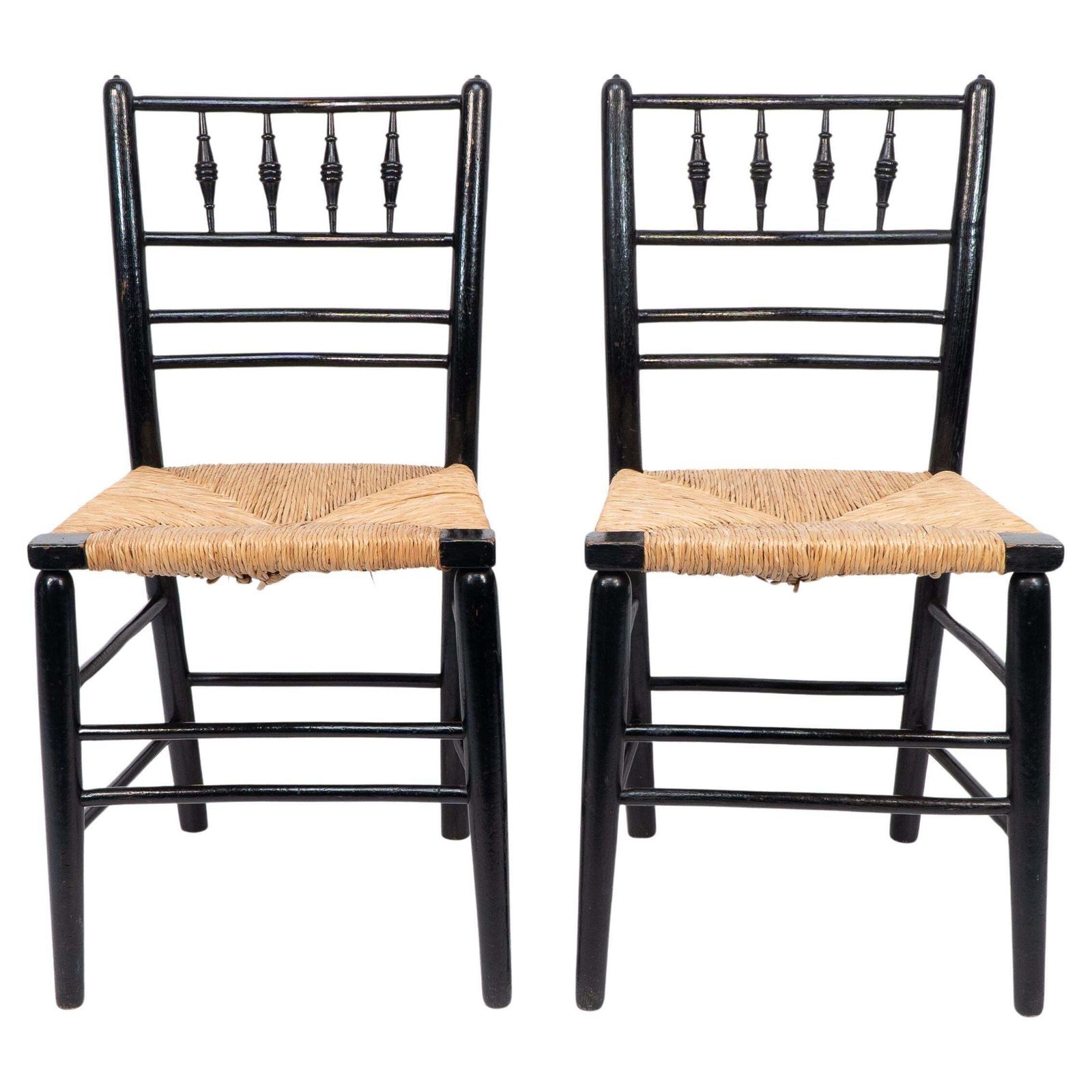Morris & Co Attr To Philip Webb. Aesthetic Movement Pair Rush Seat Sussex Chairs