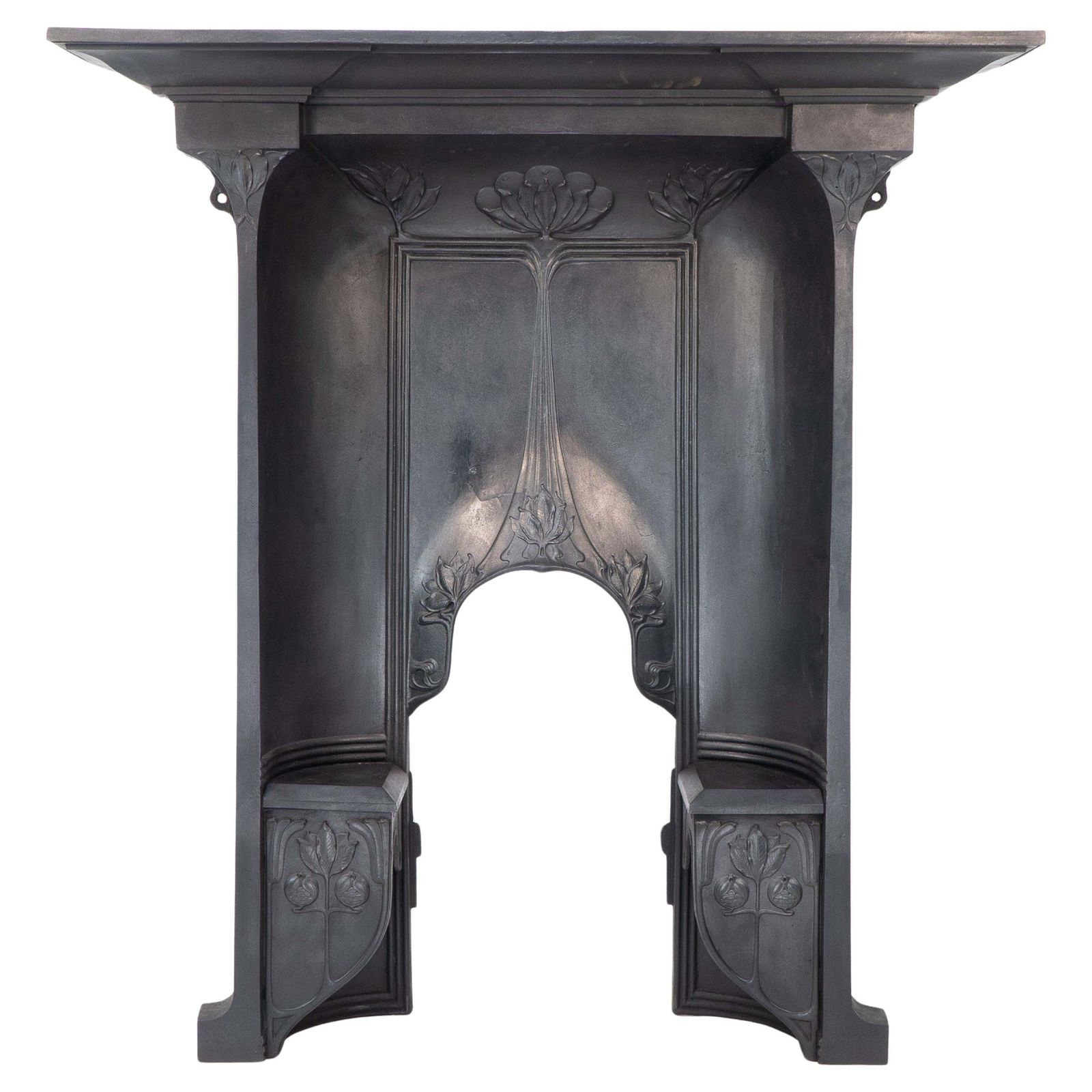 Arts & Crafts Cast Iron Fireplace With Curved Sides & Stylized Floral Decoration