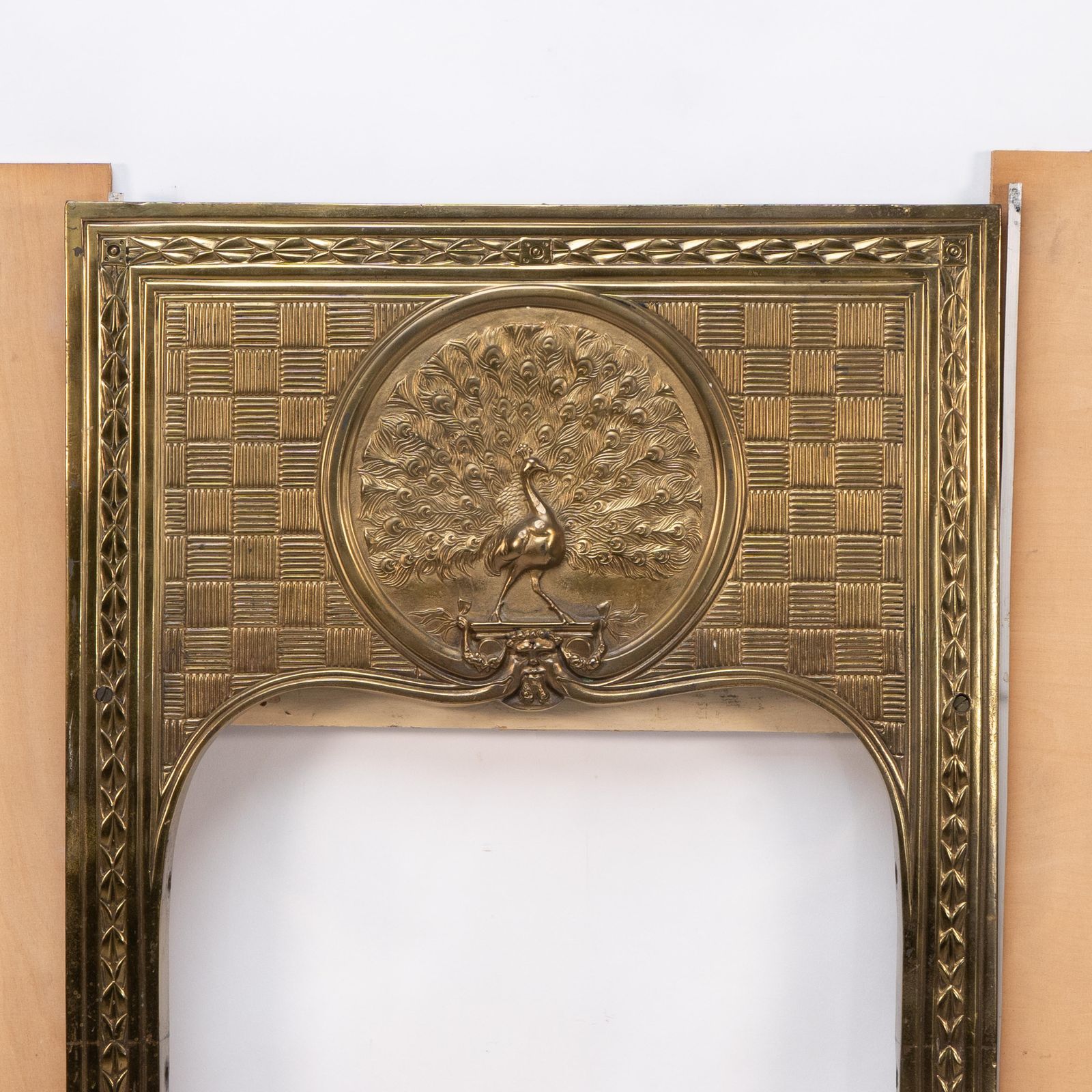 T. Elsley Attri. Aesthetic Movement Brass Fire Insert W. Upper Central Peacock photo for sale