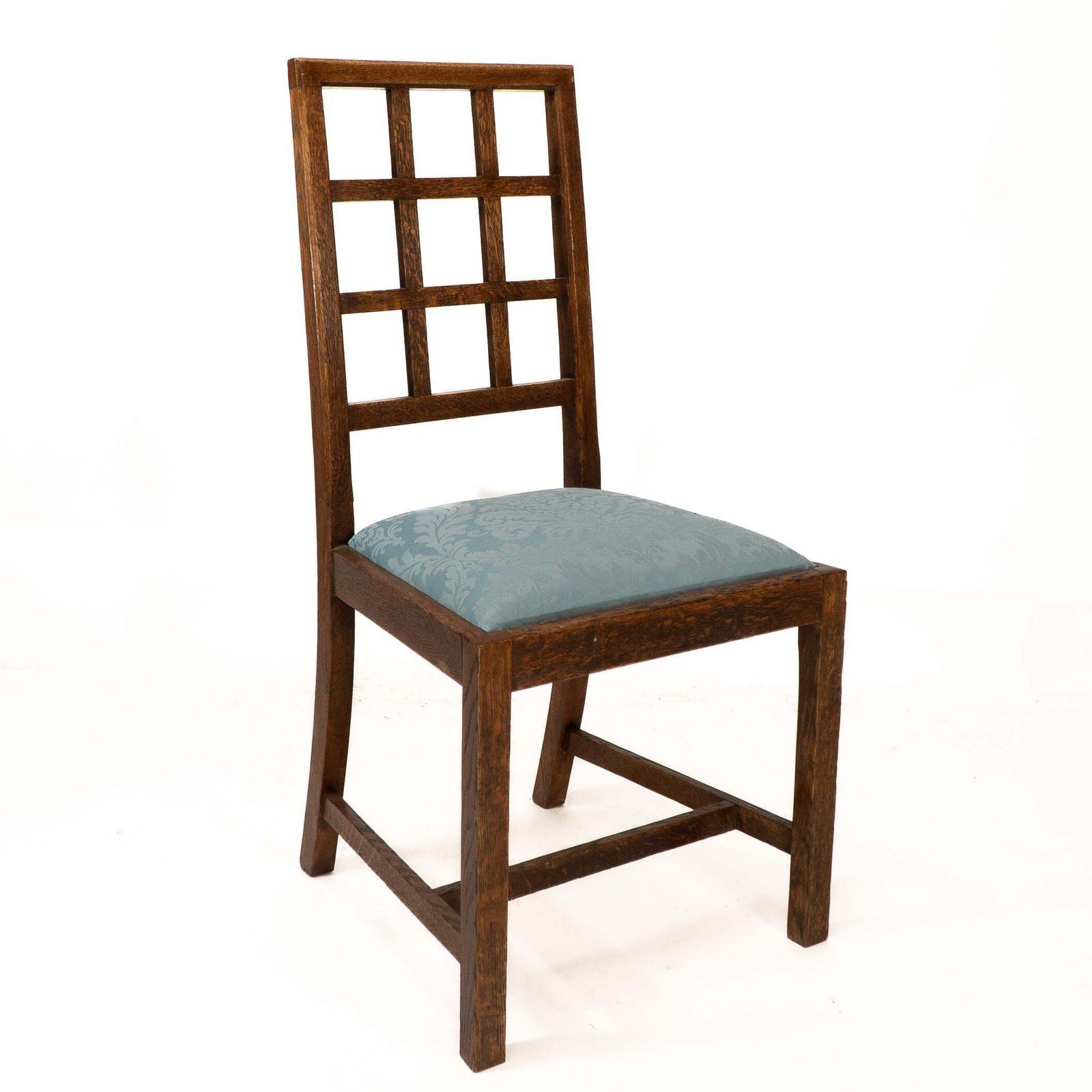 Heals. Set Of 4 Arts & Crafts Oak Lattice Back Dining Chairs & Blue Damask Seats photo furniture