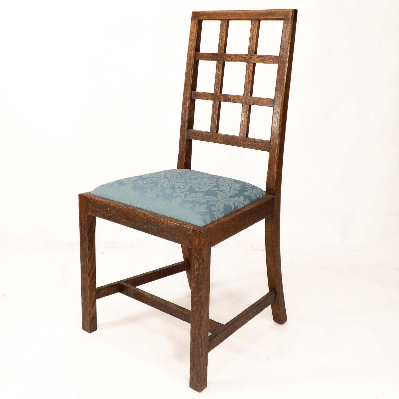 Heals. Set Of 4 Arts & Crafts Oak Lattice Back Dining Chairs & Blue Damask Seats photo Furniture