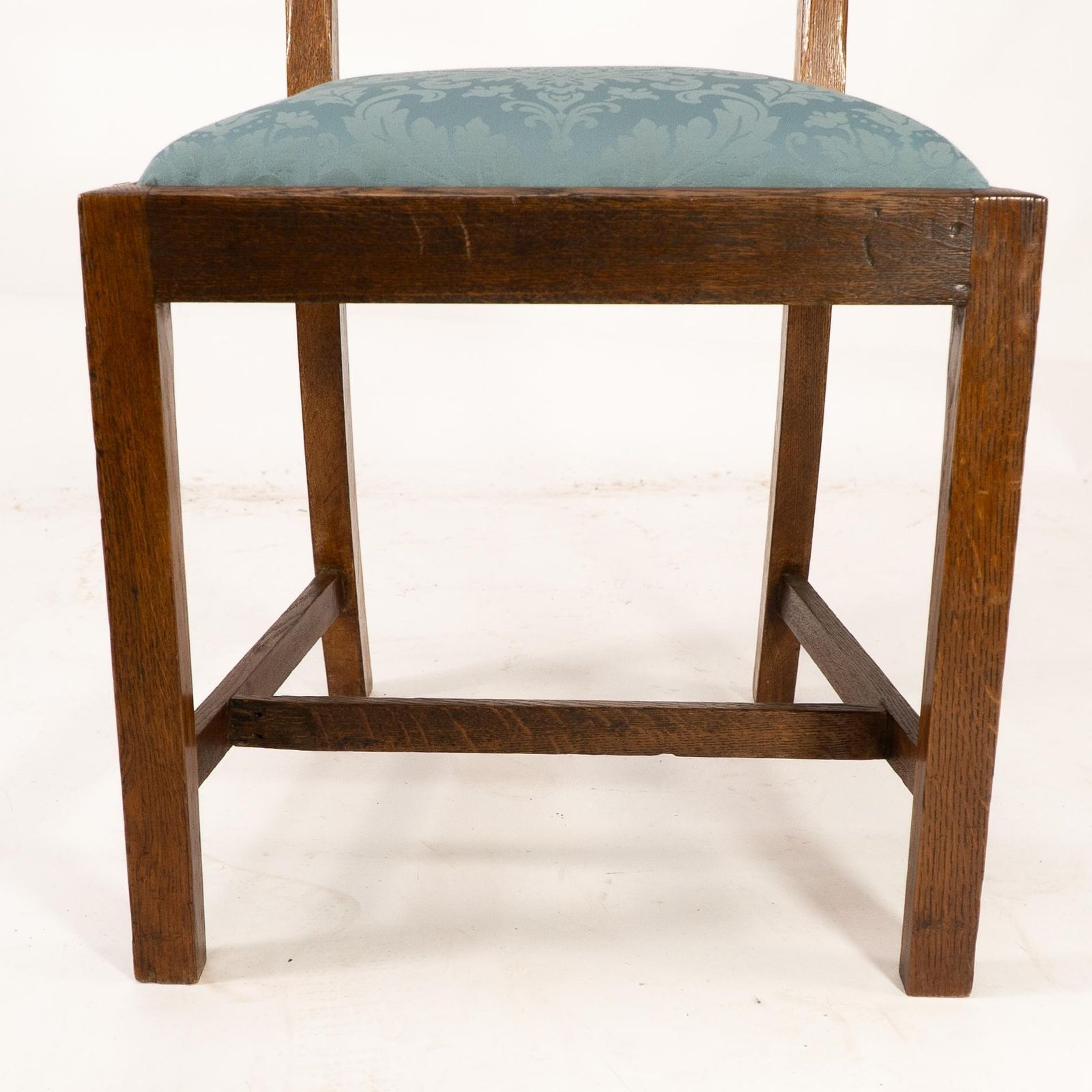 photo buy Heals. Set Of 4 Arts & Crafts Oak Lattice Back Dining Chairs & Blue Damask Seats