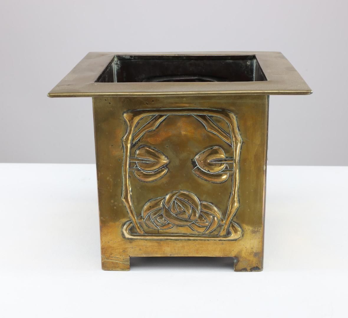 Margaret Gilmour Arts & Crafts Brass Planter With Stylized Rose & Floral Details photo furniture