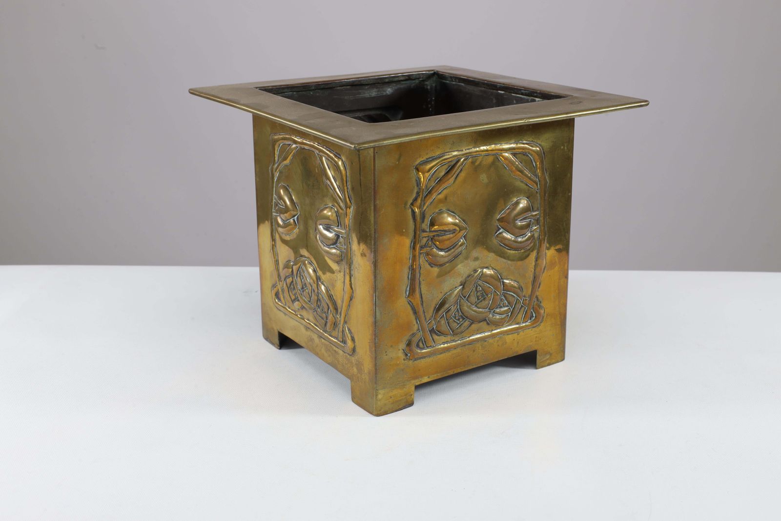 Margaret Gilmour Arts & Crafts Brass Planter With Stylized Rose & Floral Details photo 1224.0