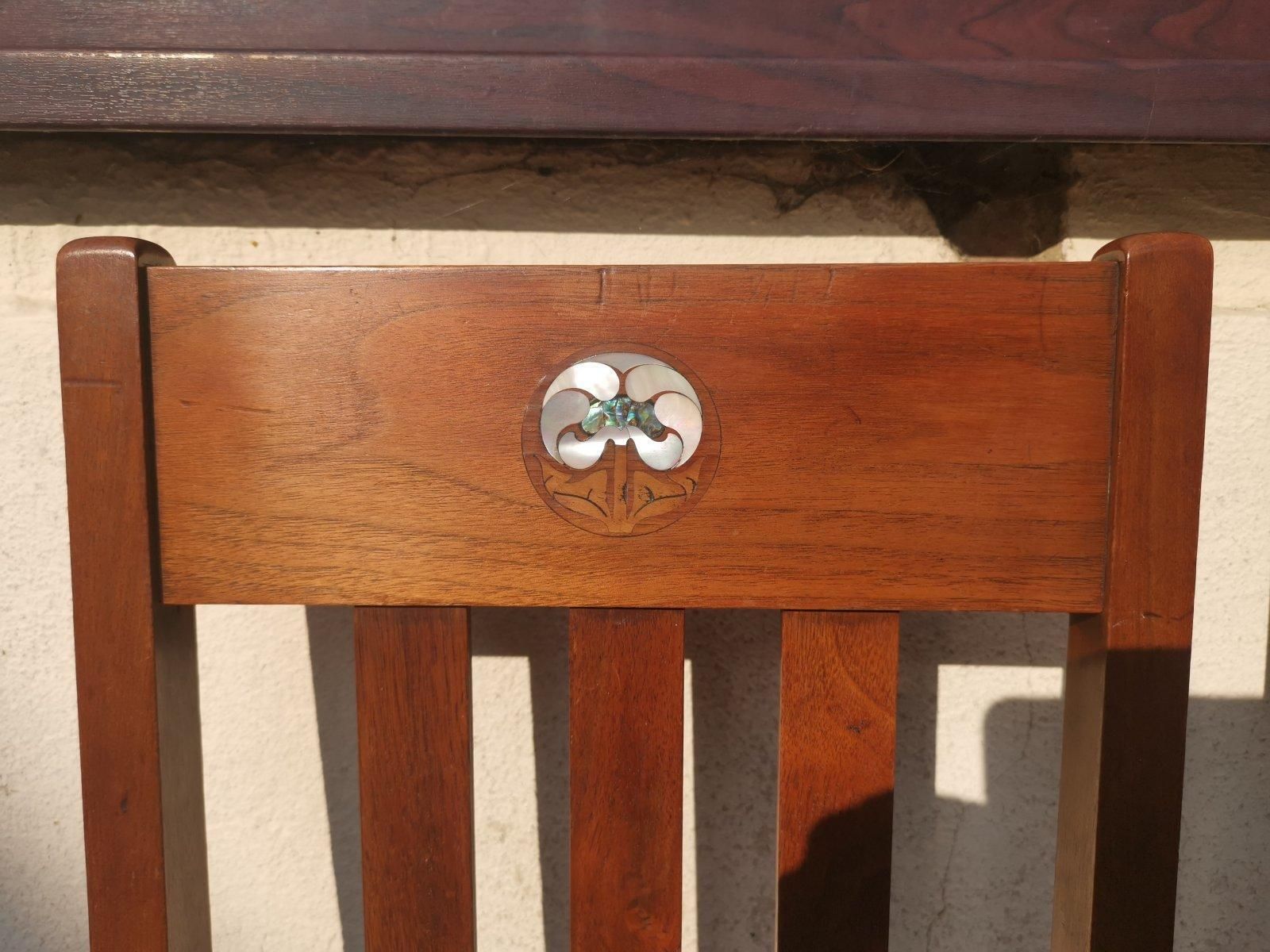 Liberty & Co Four English Arts & Crafts Walnut Chairs With Mother Of Pearl Inlay photo vintage