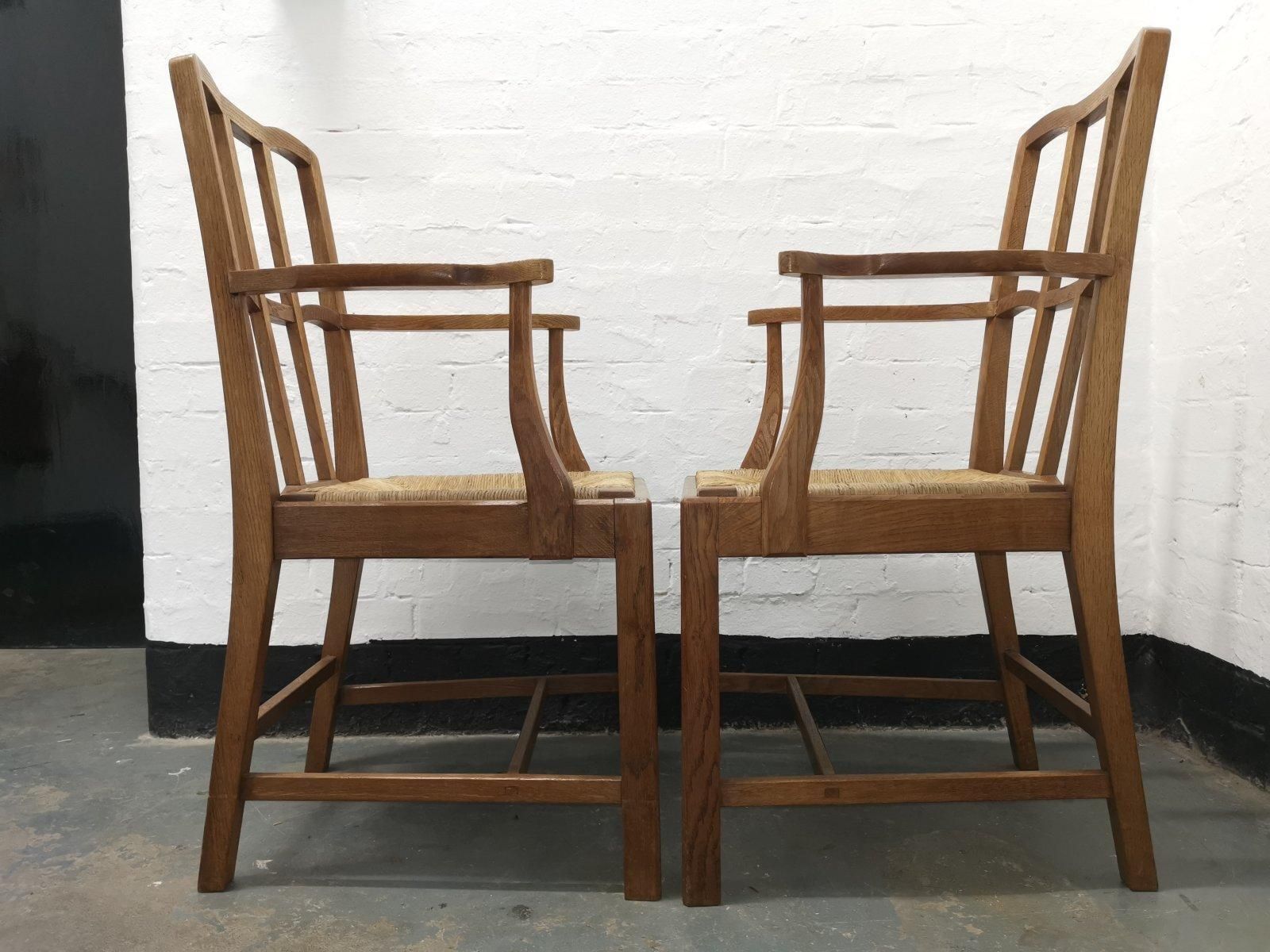Pair Of Cotswold School Arts & Crafts Oak Lattice Back Armchairs With Rush Seats photo furniture