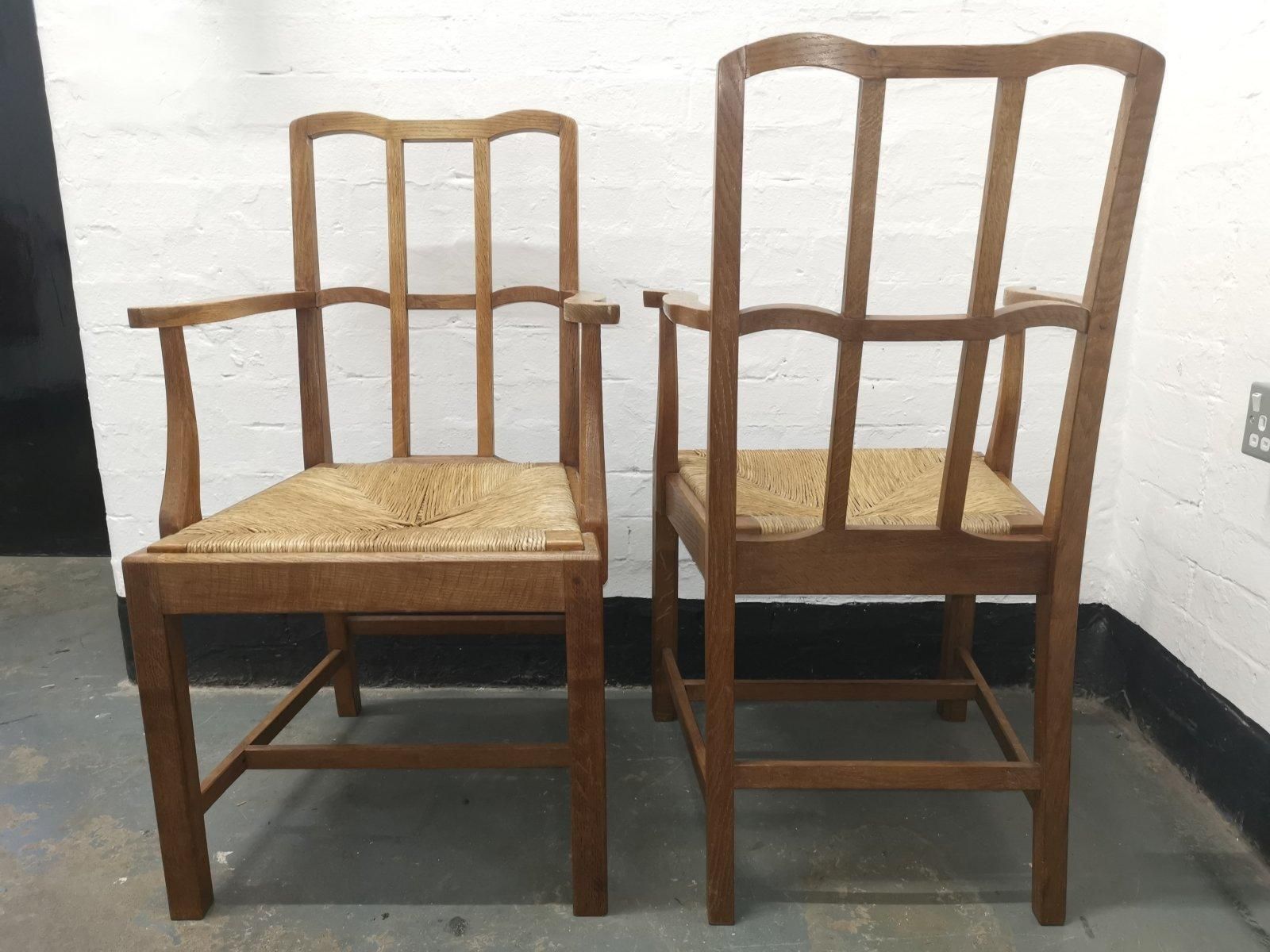 Pair Of Cotswold School Arts & Crafts Oak Lattice Back Armchairs With Rush Seats photo 2243.0