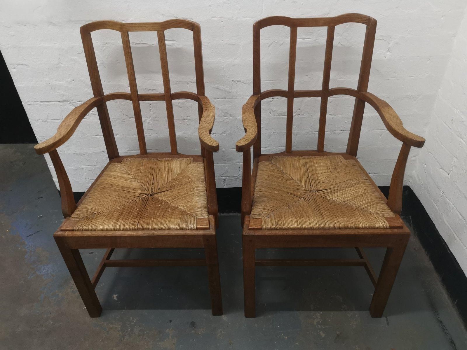 Pair Of Cotswold School Arts & Crafts Oak Lattice Back Armchairs With Rush Seats photo buy