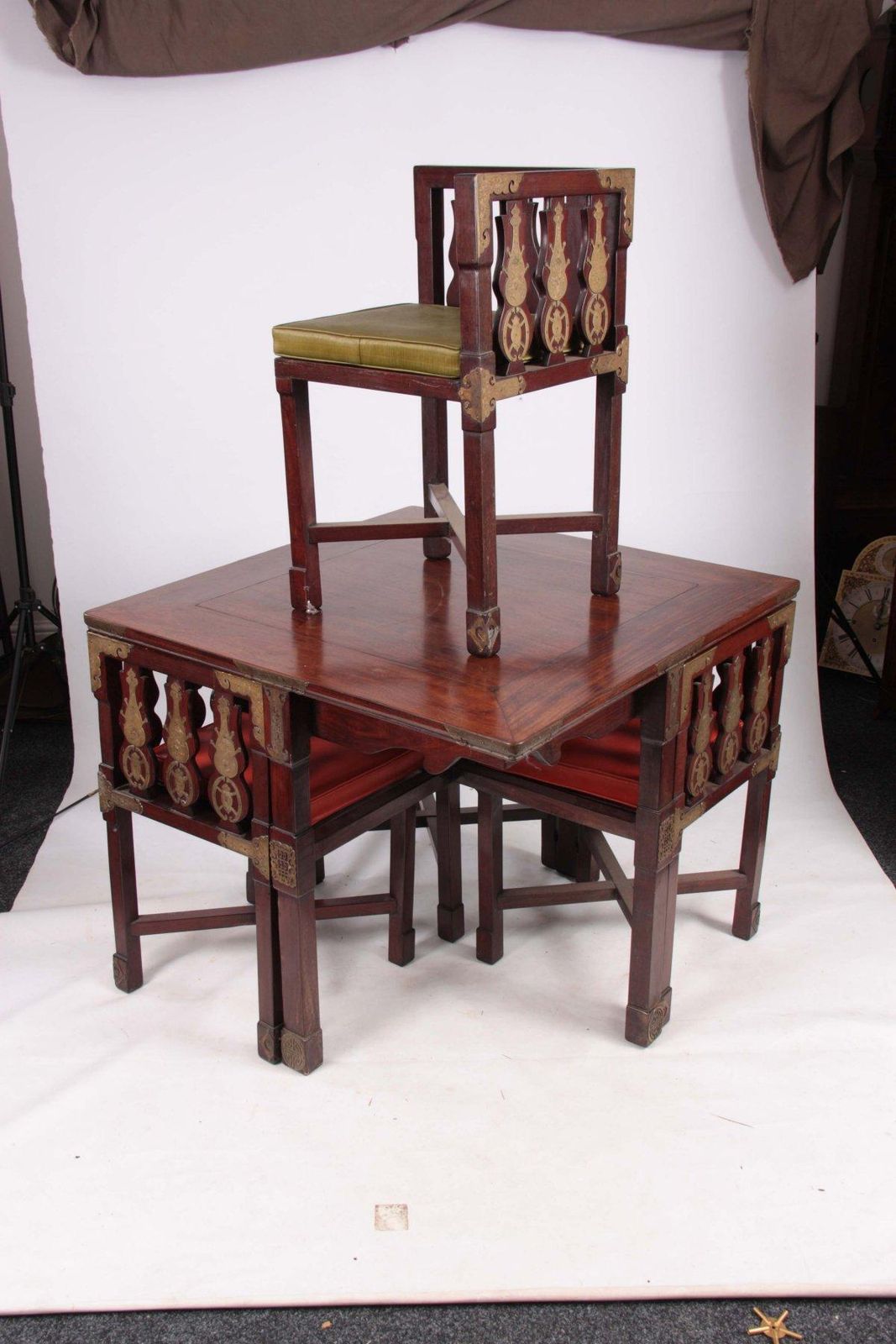Chinese Rosewood Dining Table & Four Chairs With Etched Decorative Brass Plaques photo furniture