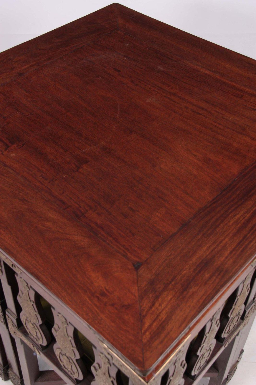 Chinese Rosewood Dining Table & Four Chairs With Etched Decorative Brass Plaques photo for sale