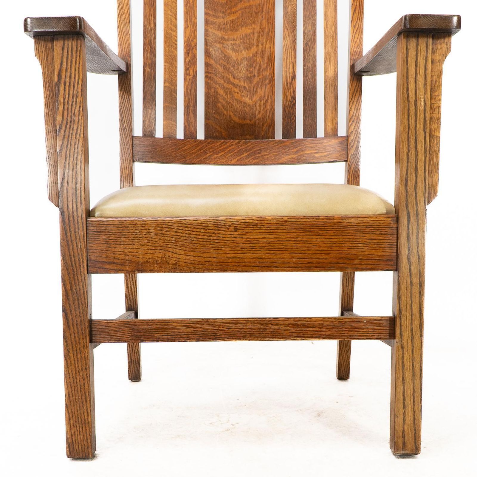 photo for sale L&Jg Stickley Arts & Crafts Oak Armchair With Curved Back & Shaped Arm Supports