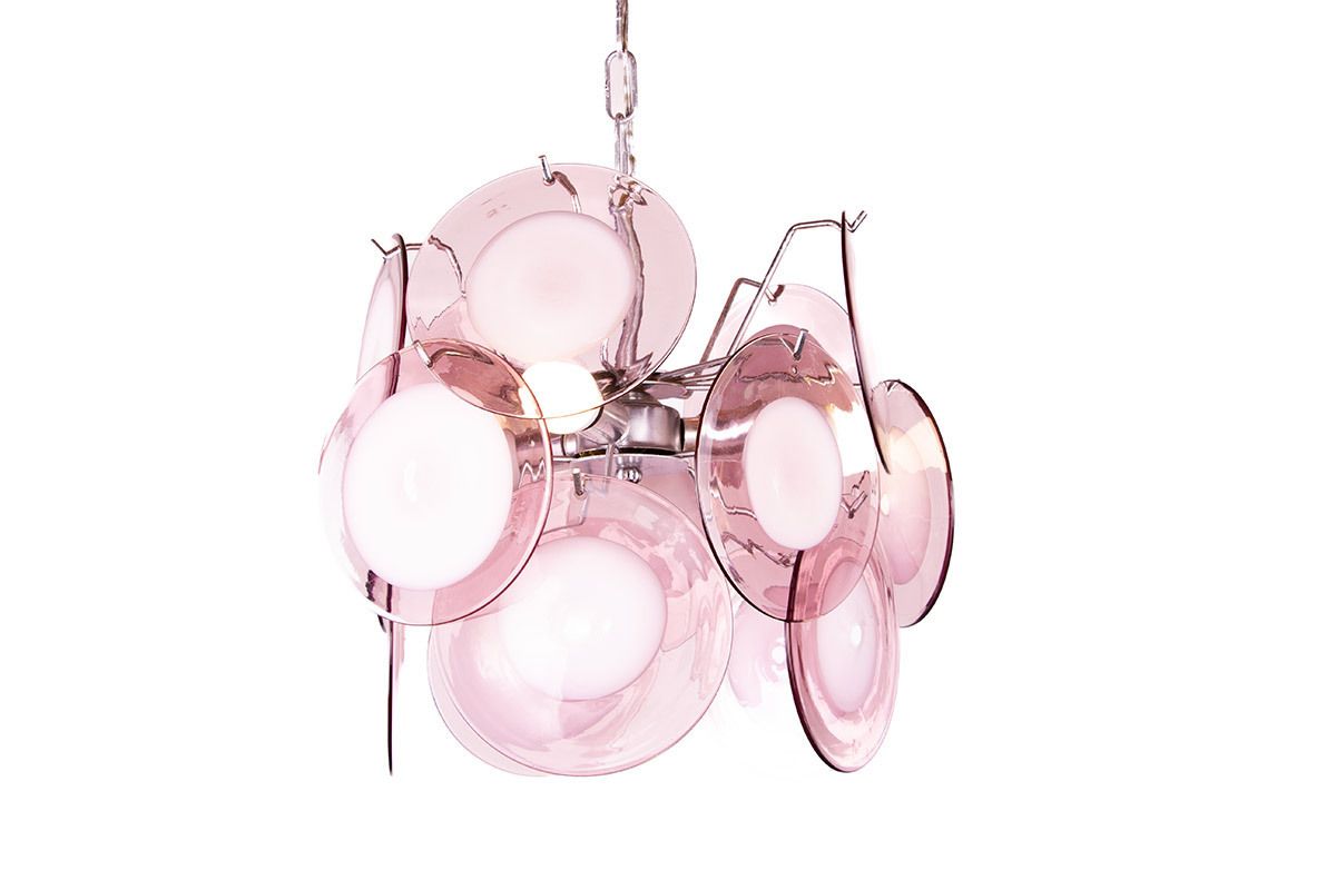 Lustre « Space Age » composé de 15 pendentifs roses et blancs en verre de Murano, modèle « Disc » par Gino Vistosi, 1970. photo 2200.0