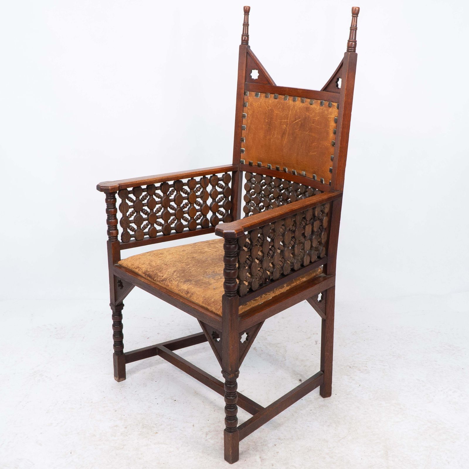 Liberty & Co. A Moorish Arts & Crafts Walnut Armchair With Original Leather Seat photo for sale