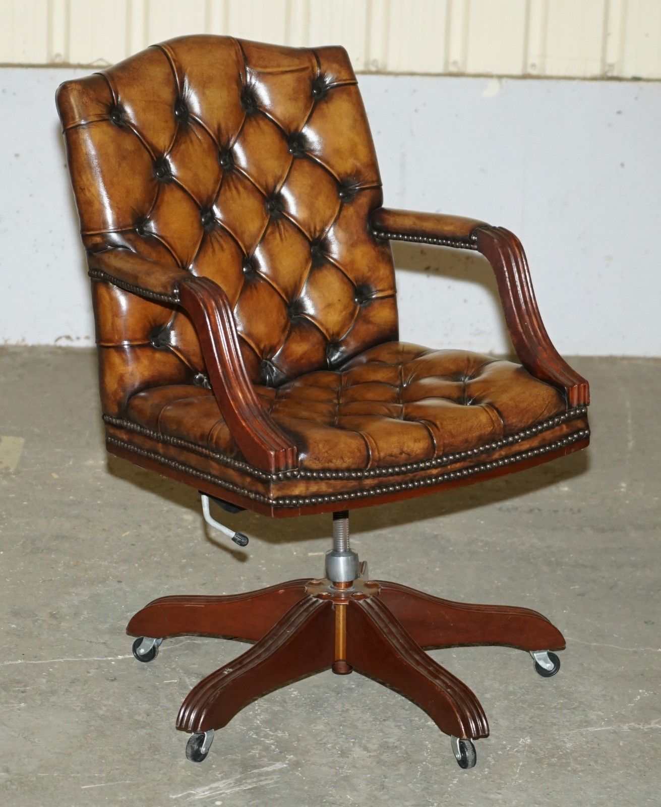 Lovely Restored Hand Dyed Cigar Brown Leather Chesterfield Tufted Captains Chair photo furniture