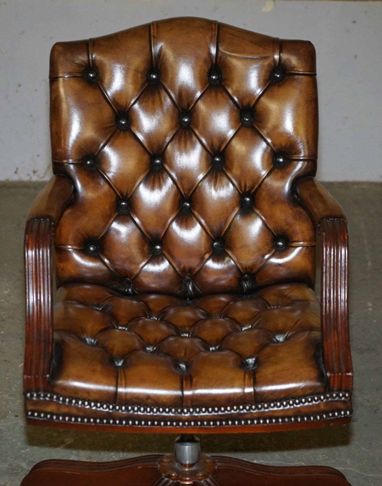 Lovely Restored Hand Dyed Cigar Brown Leather Chesterfield Tufted Captains Chair photo Furniture