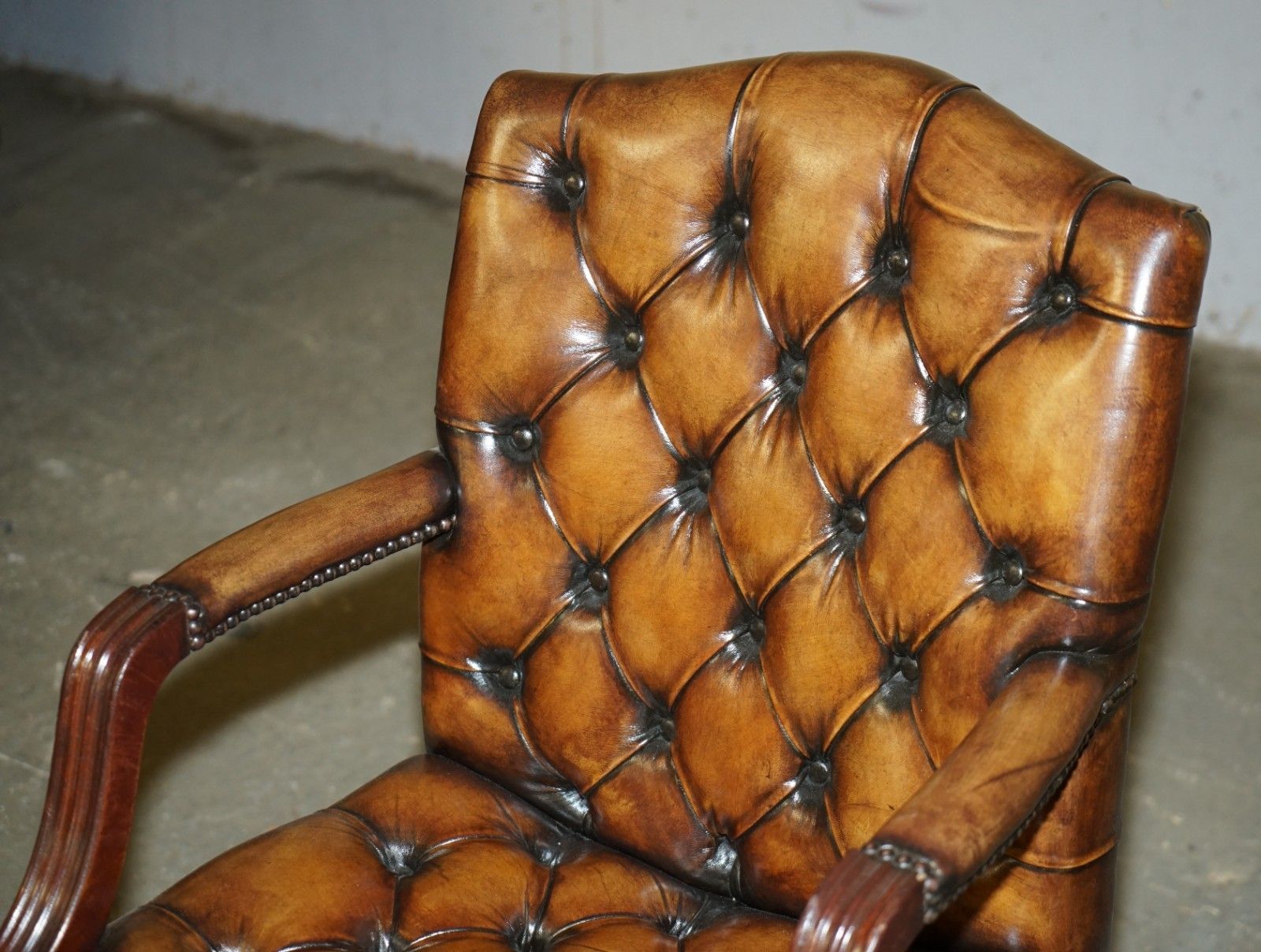 Lovely Restored Hand Dyed Cigar Brown Leather Chesterfield Tufted Captains Chair photo vinterior