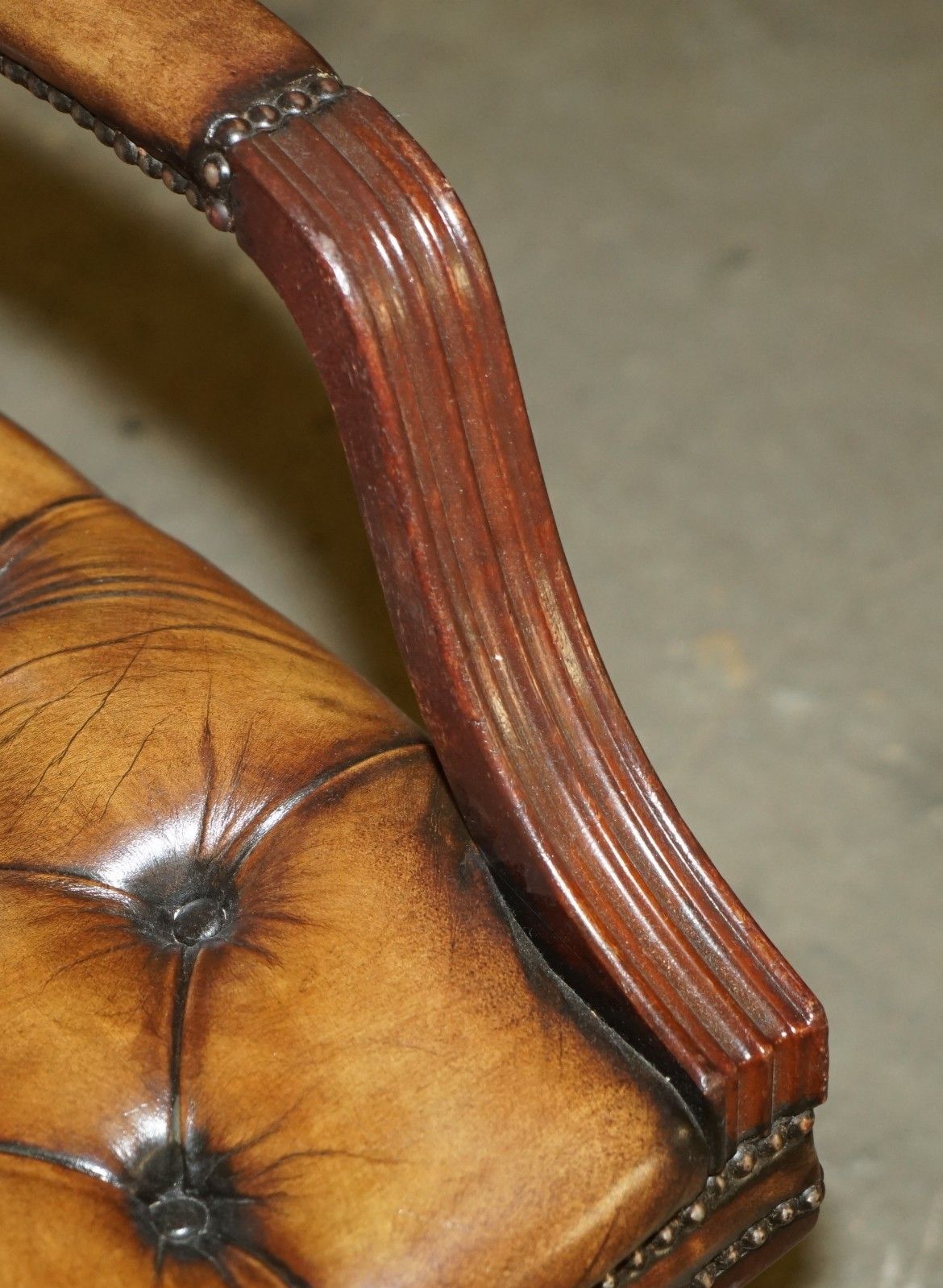 Furniture Lovely Restored Hand Dyed Cigar Brown Leather Chesterfield Tufted Captains Chair photo
