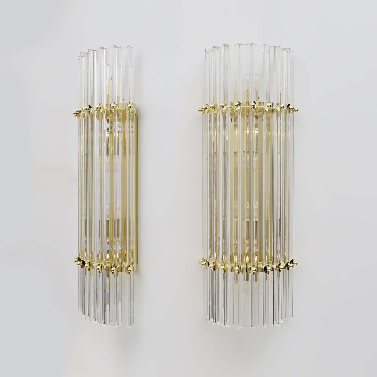 Pair Of Venini Style Mid Century Brass And Murano Glass "Triedri" Sconces photo furniture