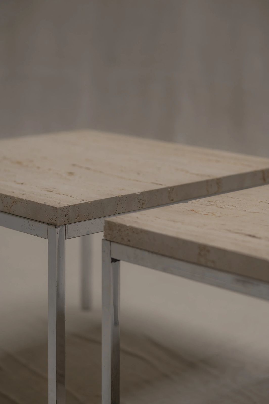 Set Of Two Modernist Side Tables In Travertine And Chrome   1970s photo vintage