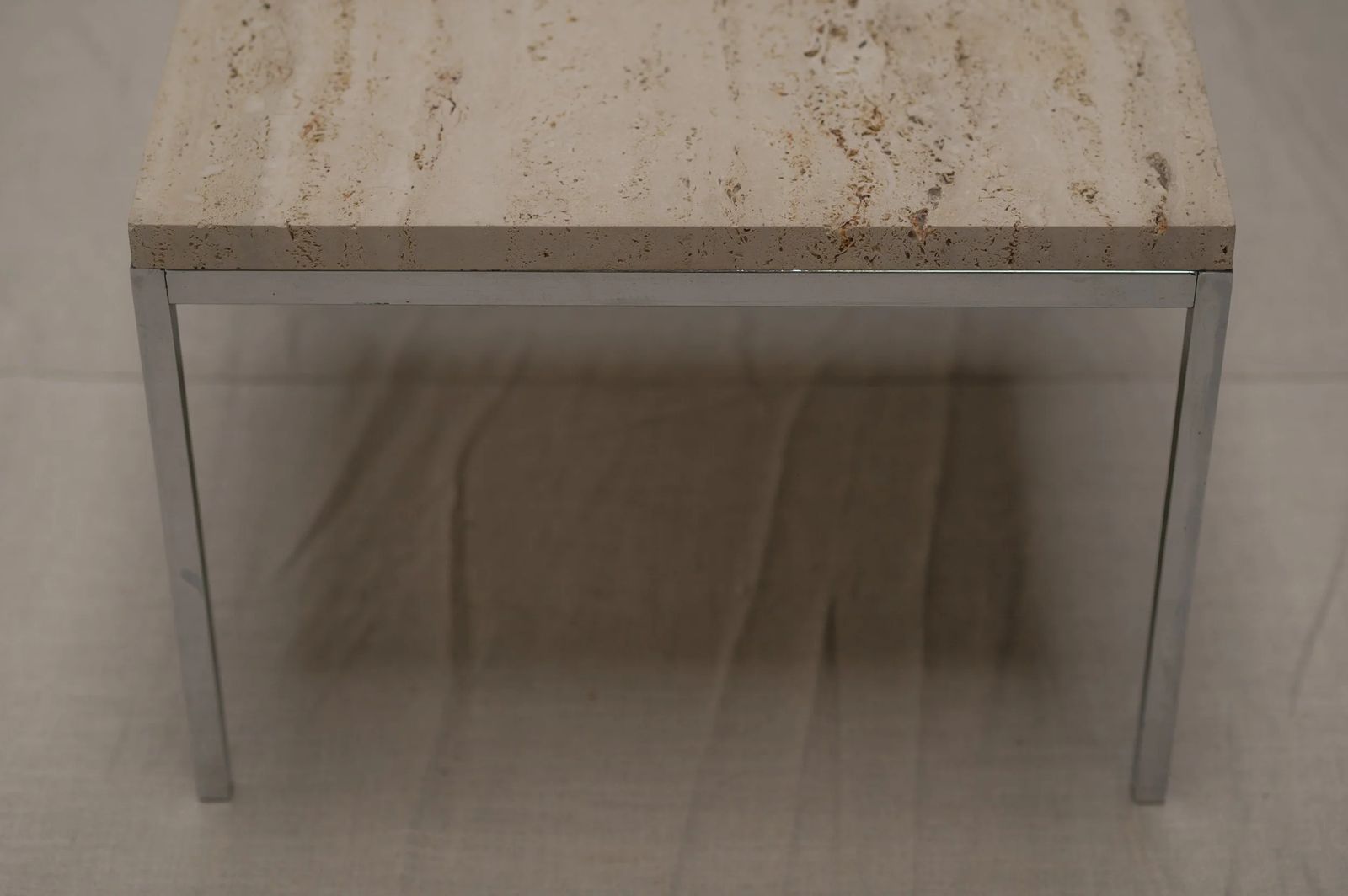 Furniture Set Of Two Modernist Side Tables In Travertine And Chrome   1970s photo