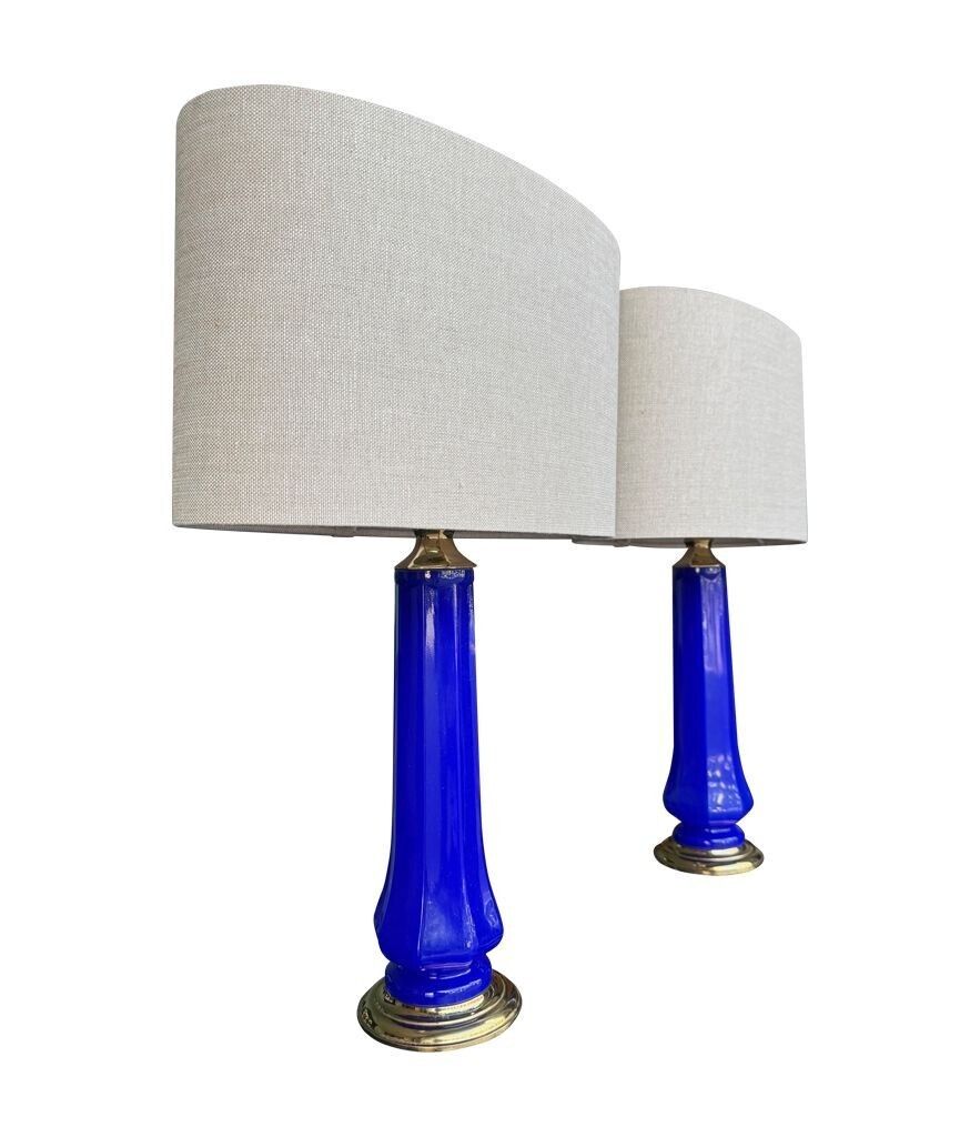 A Pair Of 1960s Cobalt Blue Opaline Murnao Glass Lamps By Gino Cenedese