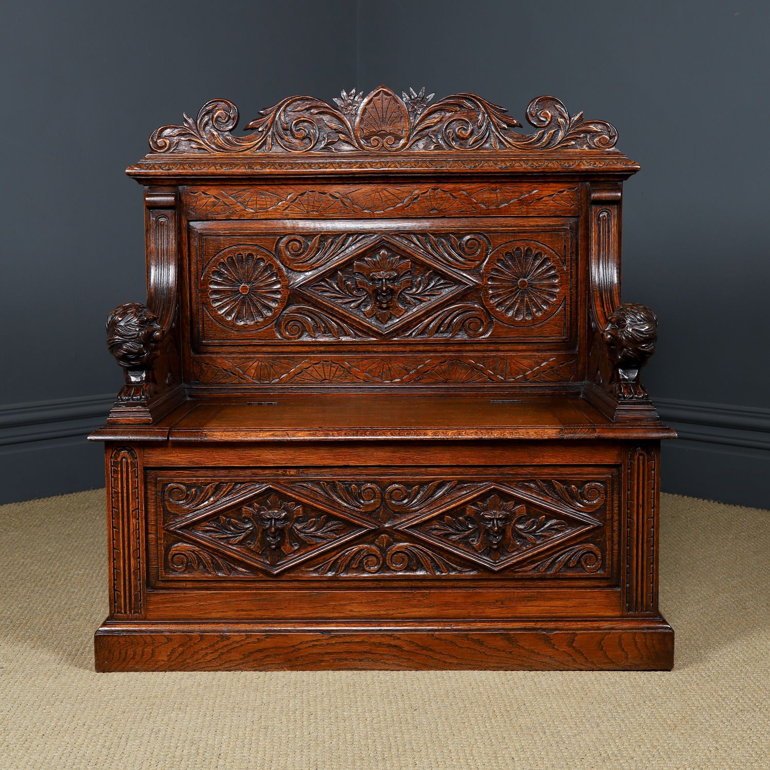 photo for sale Small English Victorian Carved Oak Bench Monks Kitchen Hall Settle (Circa 1880)