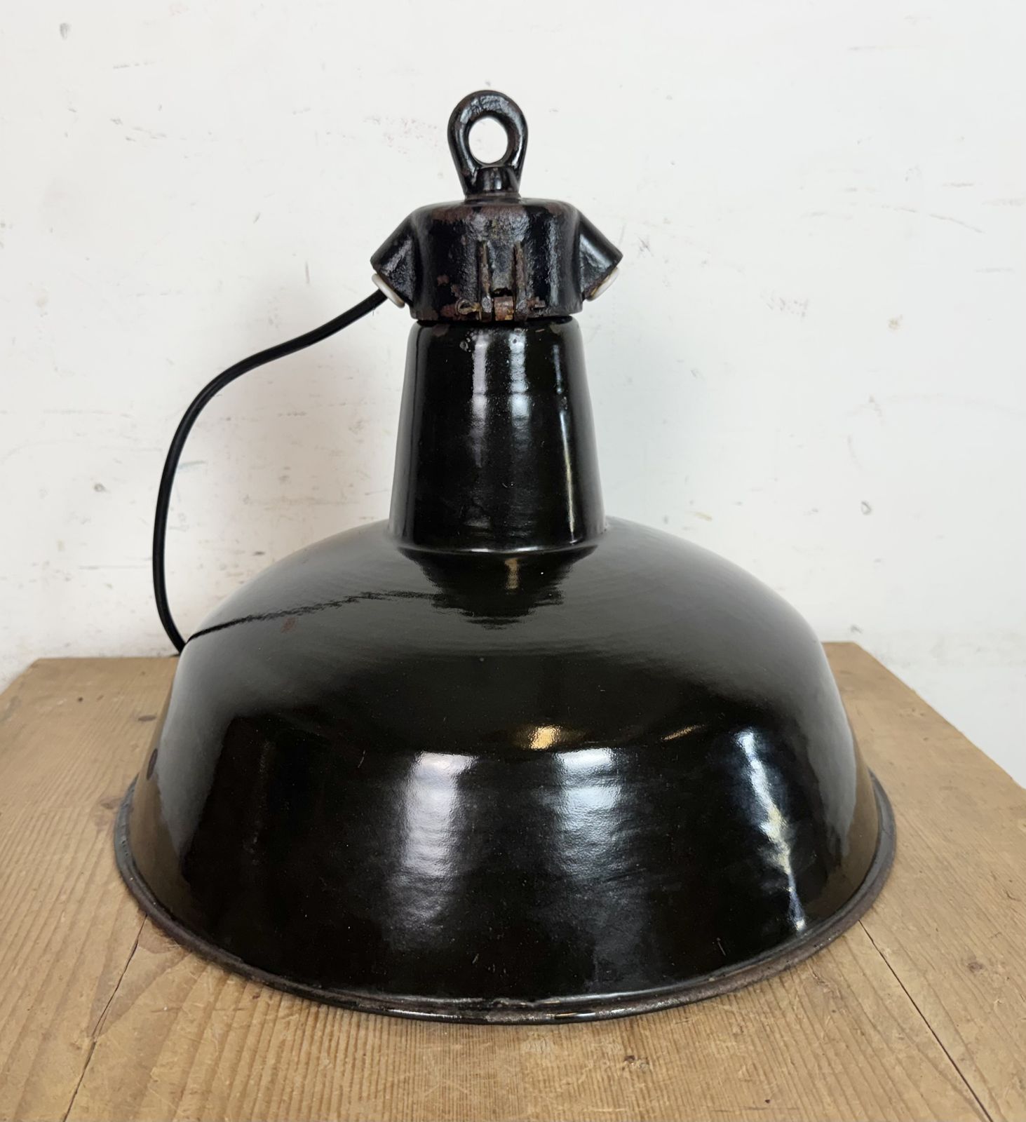 Lighting Industrial Black Enamel Factory Lamp With Cast Iron Top, 1950s photo