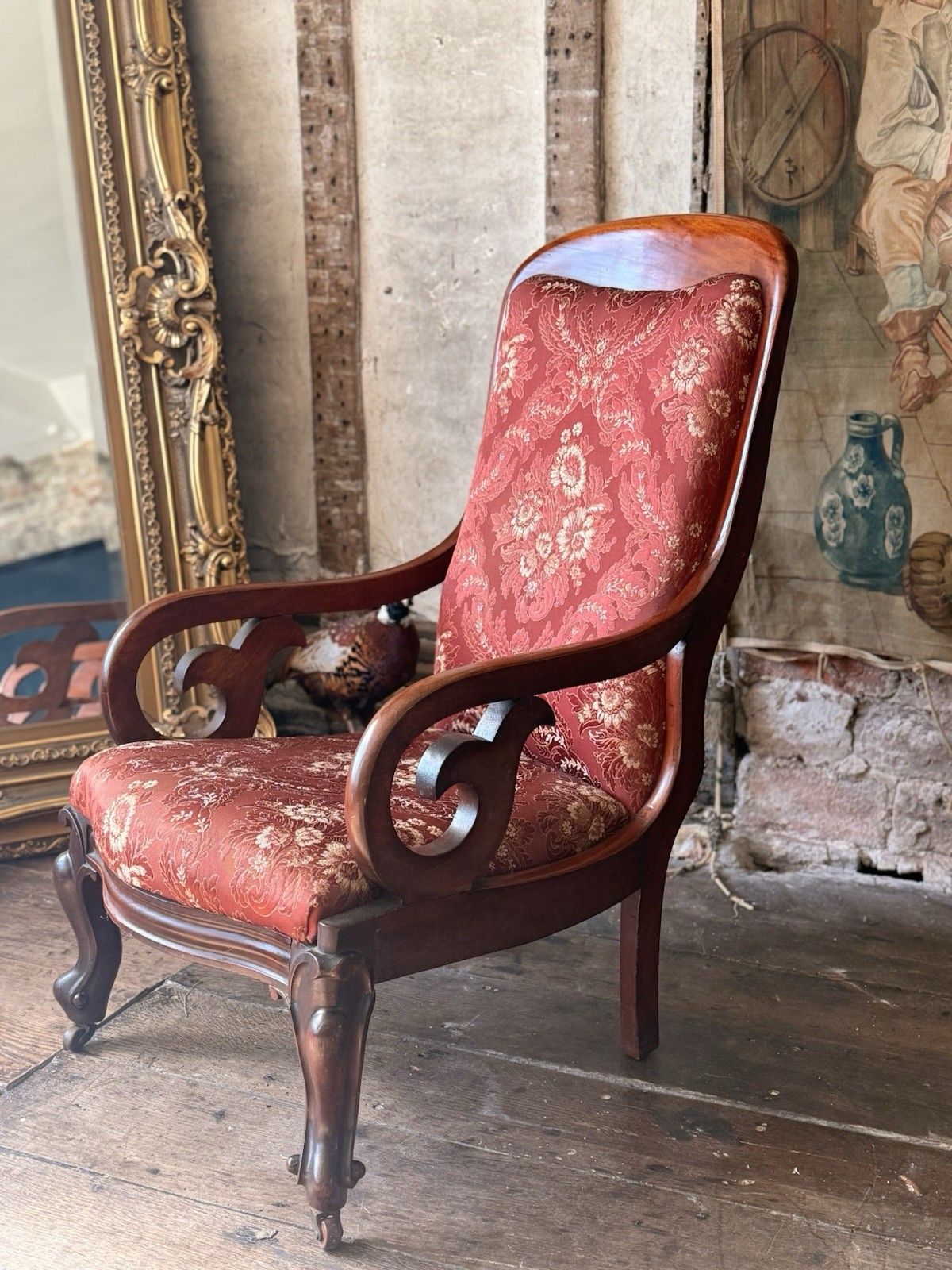 English Antique Mahogany Victorian Large Scrolled Elbow Arm Chair C 1860 photo buy
