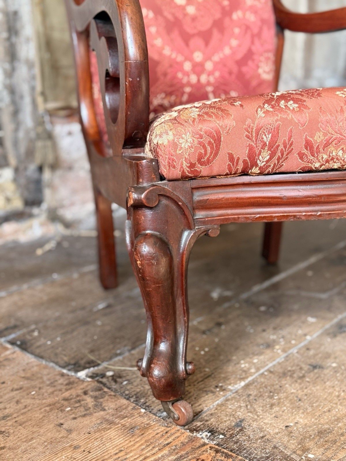 photo for sale English Antique Mahogany Victorian Large Scrolled Elbow Arm Chair C 1860
