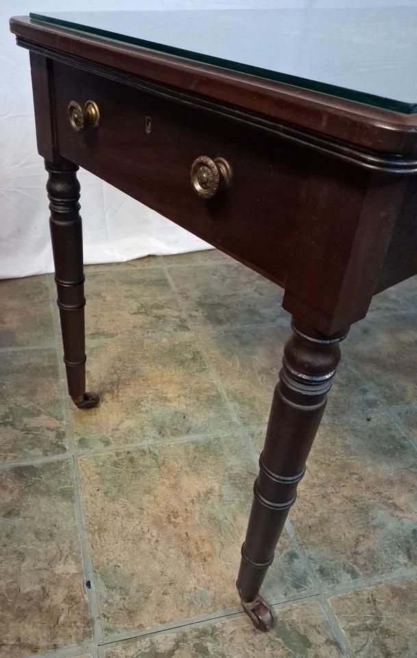 Antique Tapestry Topped Occasional Table With Single End Draw Glass Top photo vintage