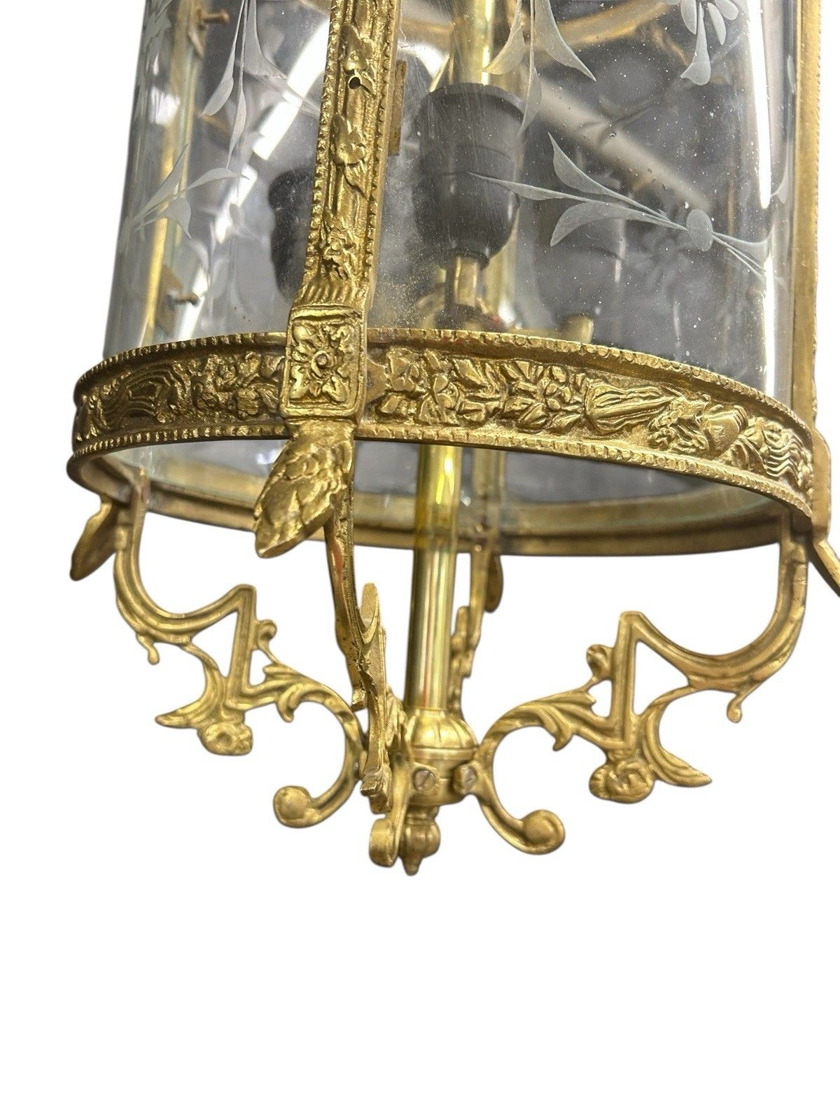 Antique Large Gilt French Lantern Ceiling Lamp Period Ormolu Brass Old Etched photo vinterior
